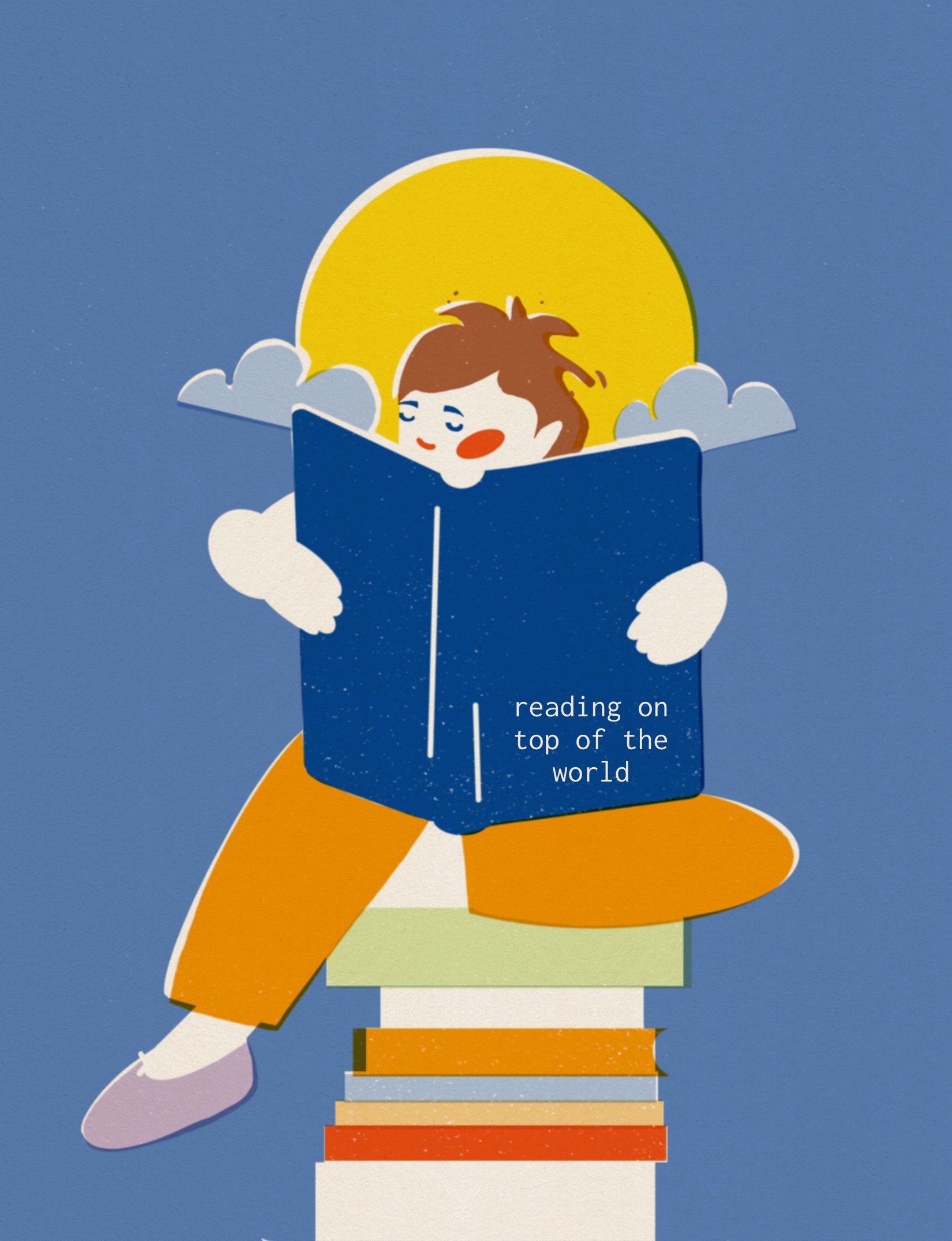 Detail of Cincinnati Magazine cover illustration 2026, joyful child absorbed in book surrounded by golden sun and clouds, editorial illustration by Veronika Timokhina