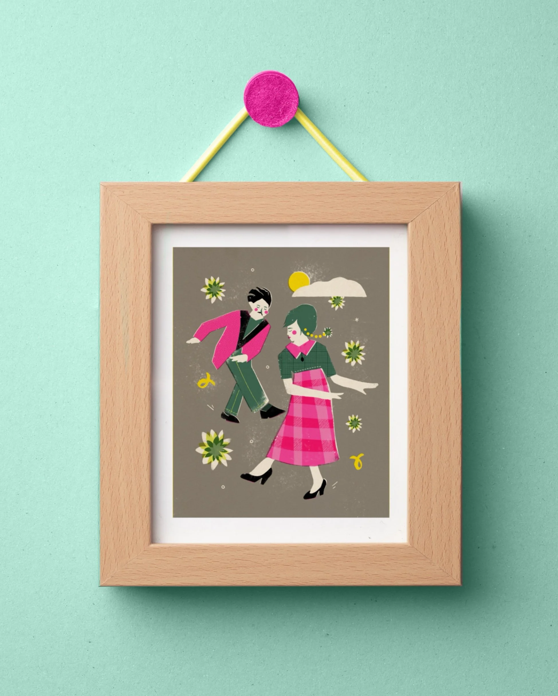 Love dancing print framed, riso digital illustration, flowers, happy, a young man and woman