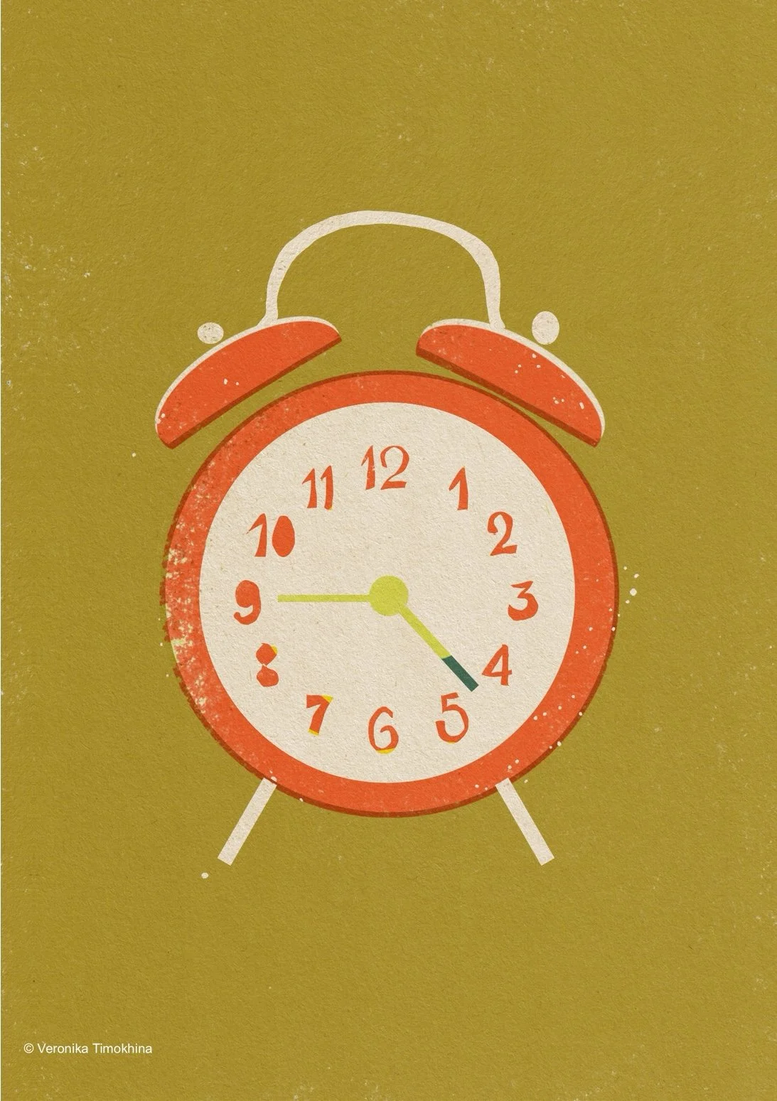 green alarm clock illustration on a ocher background representing slow living, relaxation, mindful mornings, and taking time to rest.
