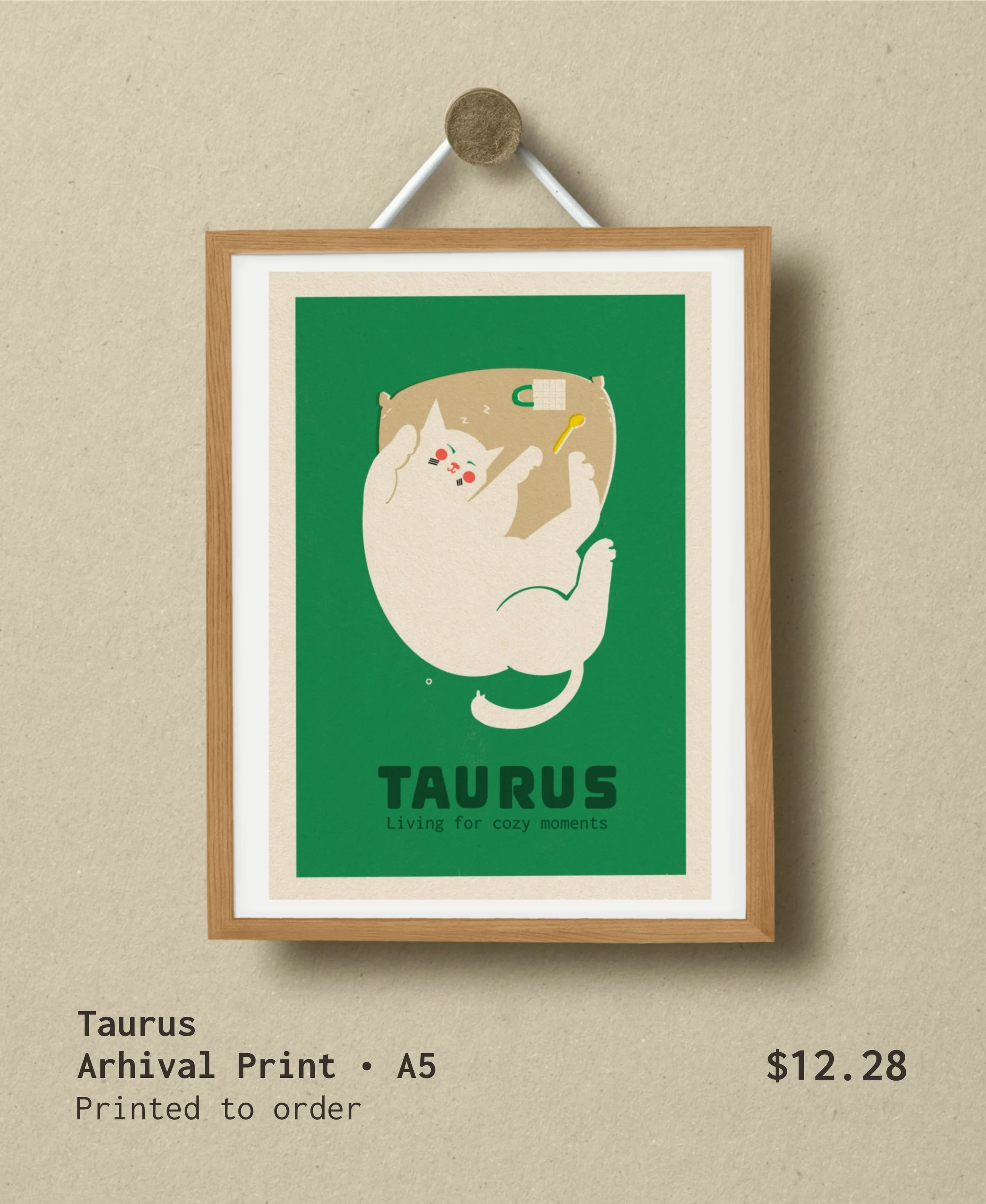 Taurus zodiac art print with cat illustration, green minimalist archival A5 poster for cozy home decor