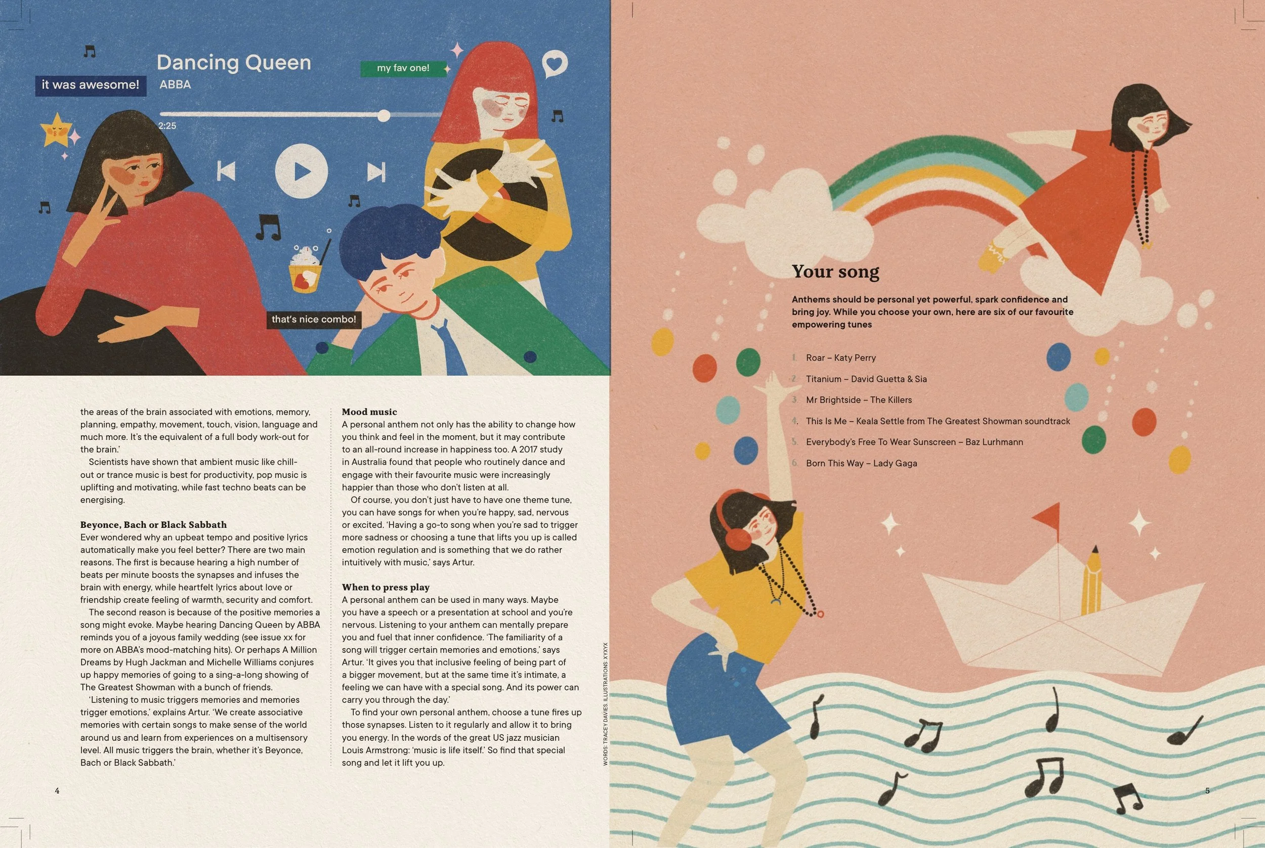 editorial magazine illustration featuring teenagers listening to music, dancing, vinyl records, and colorful lifestyle scenes.