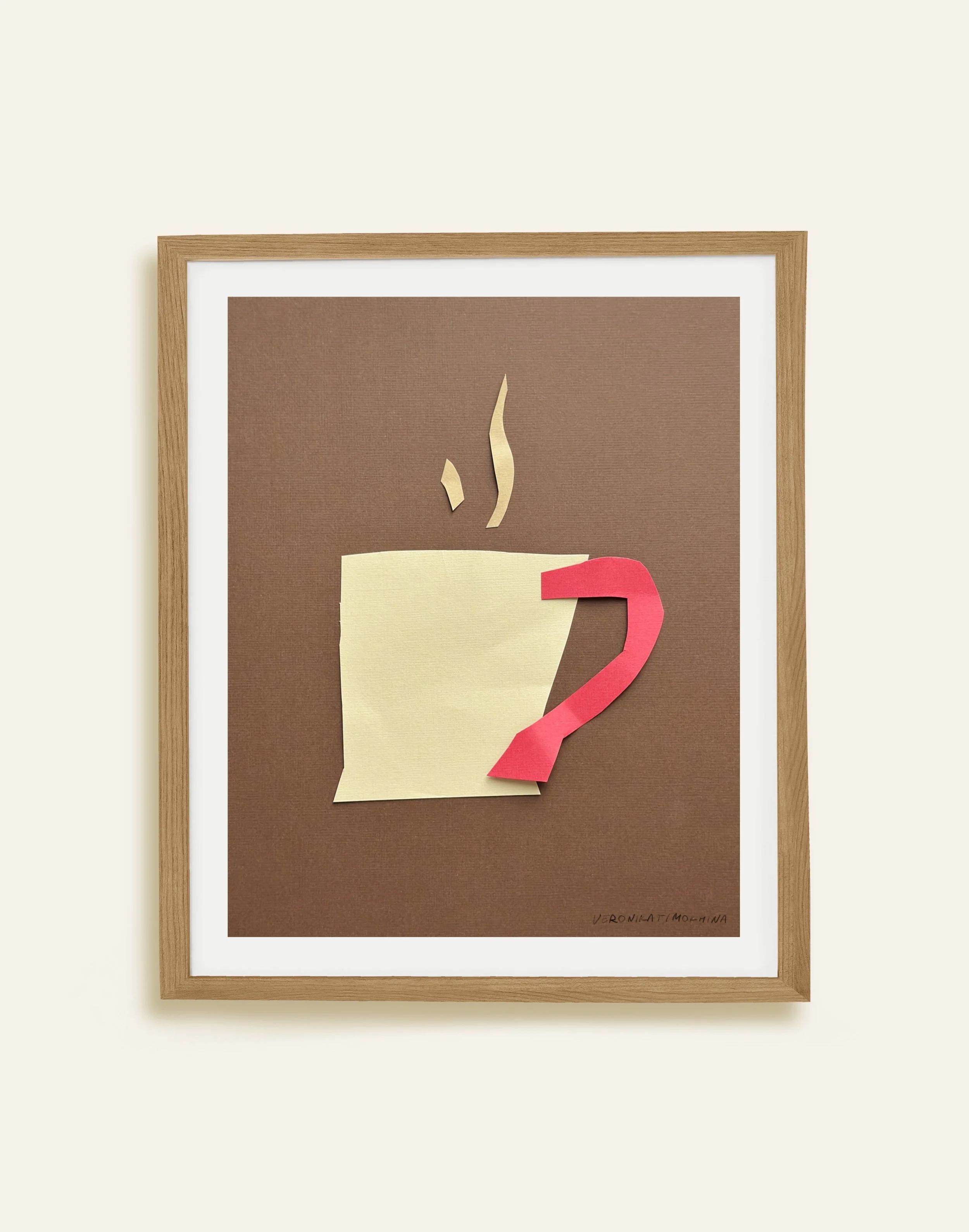 Hand-cut paper collage of morning drink, made from simple geometric shapes, photographed on a dark background, minimalist contemporary paper art