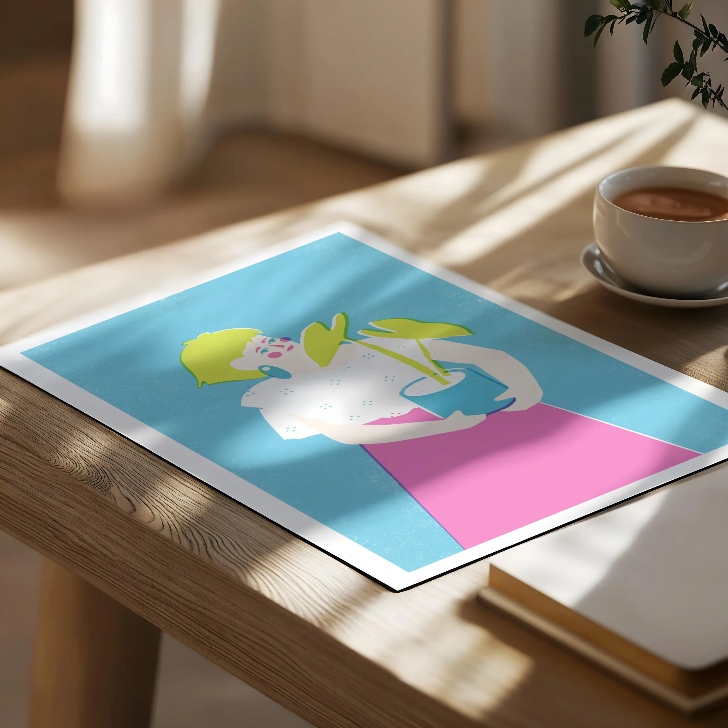 Modern illustration of a woman with yellow hair in a floral white blouse holding a potted plant, set in a light oak frame against a neutral wall.