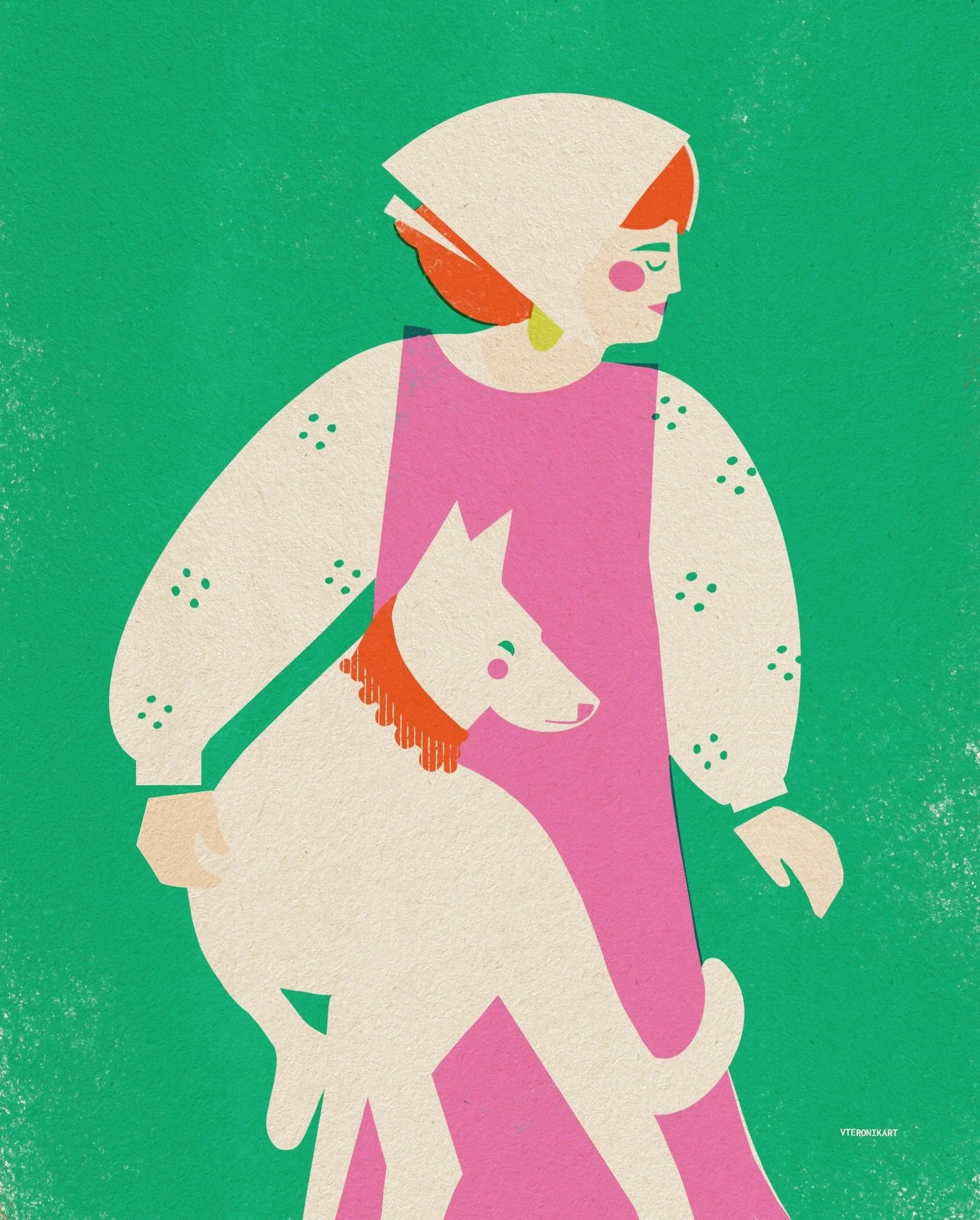 By Your Side illustration by Veronika Timokhina, showing a woman in a pink dress walking with a white dog on a green background — vteronikart studio, Cincinnati