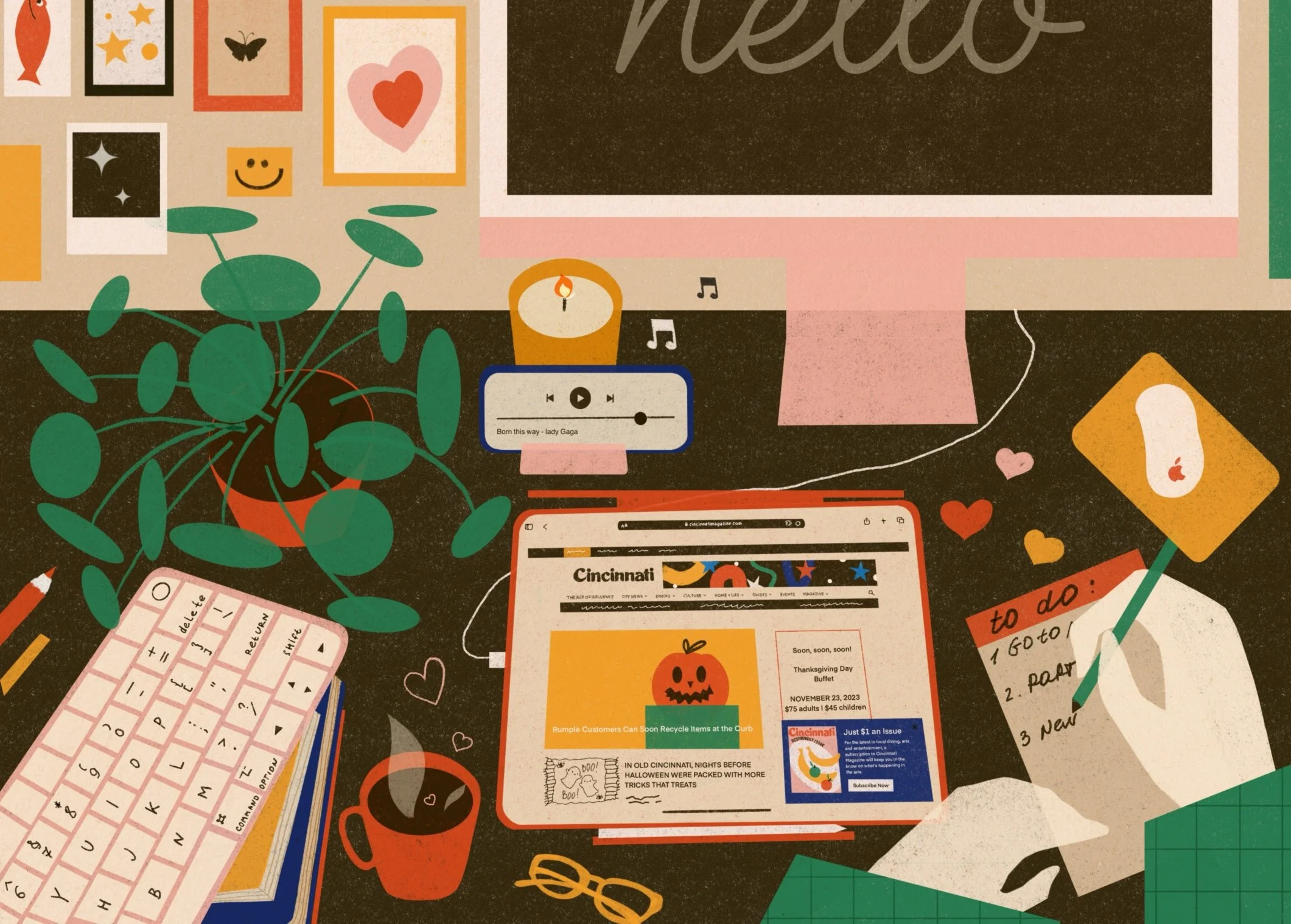 illustrated artist's studio desk with computer, coffee, houseplant, and editorial work in progress — modern illustration by vteronikart, cincinnati