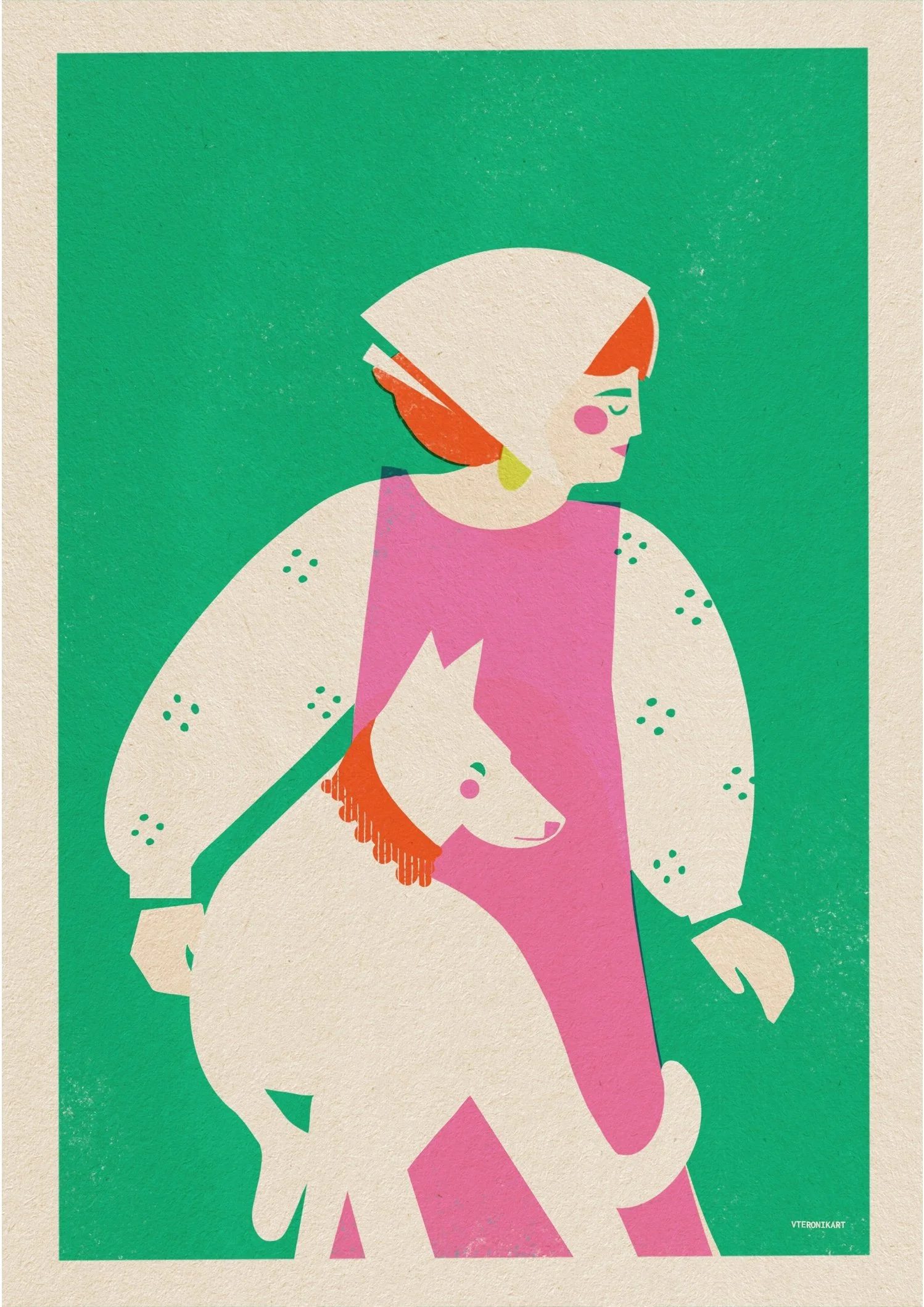 Whimsical art print of a woman in a headscarf with a large white dog on a green background