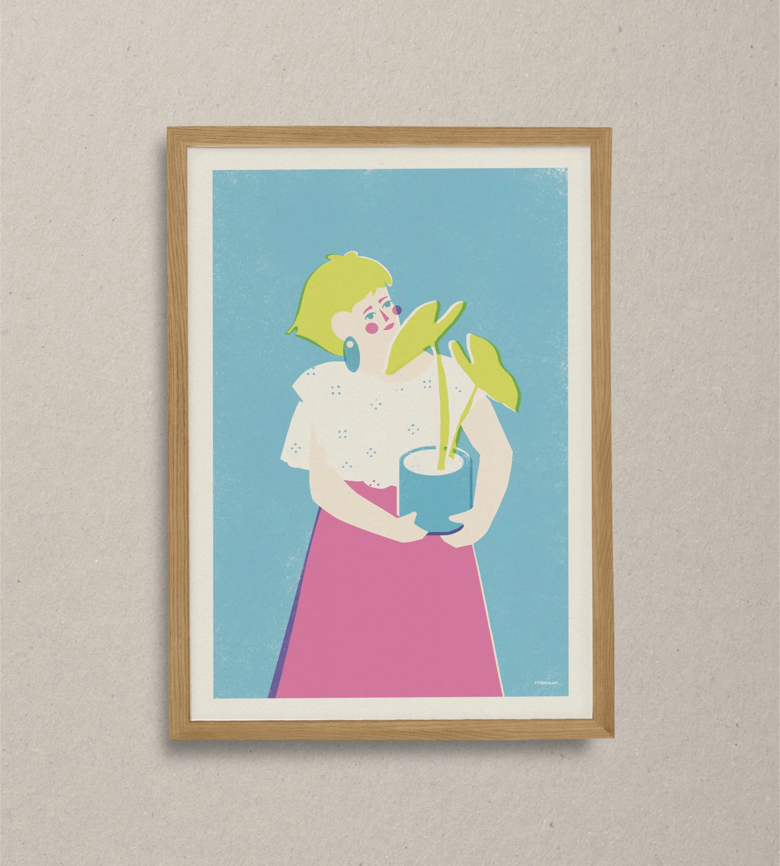 Modern illustration of a woman with yellow hair in a floral white blouse holding a potted plant, set in a light oak frame against a neutral wall.