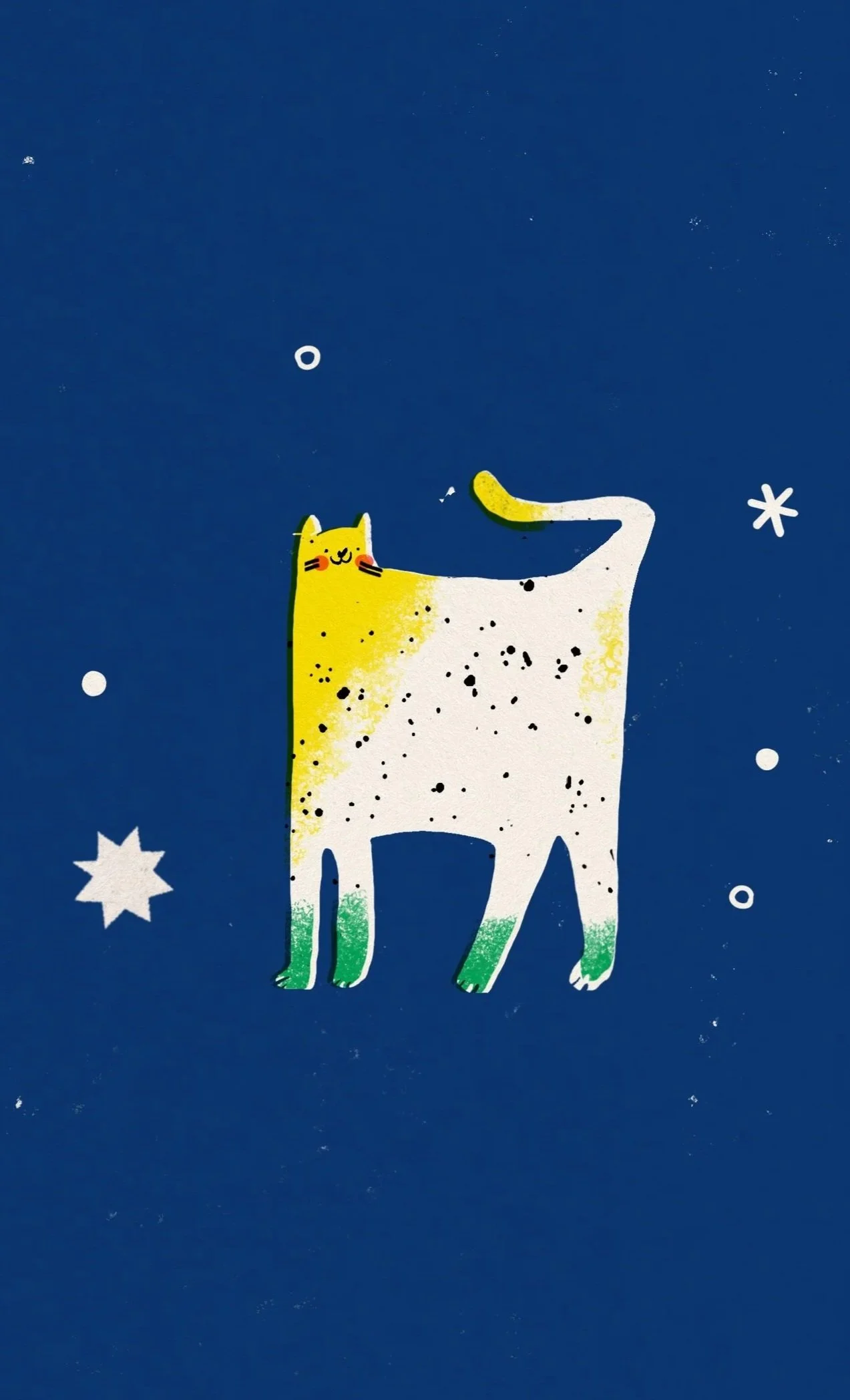 A birthday kitty with stars, blue background.