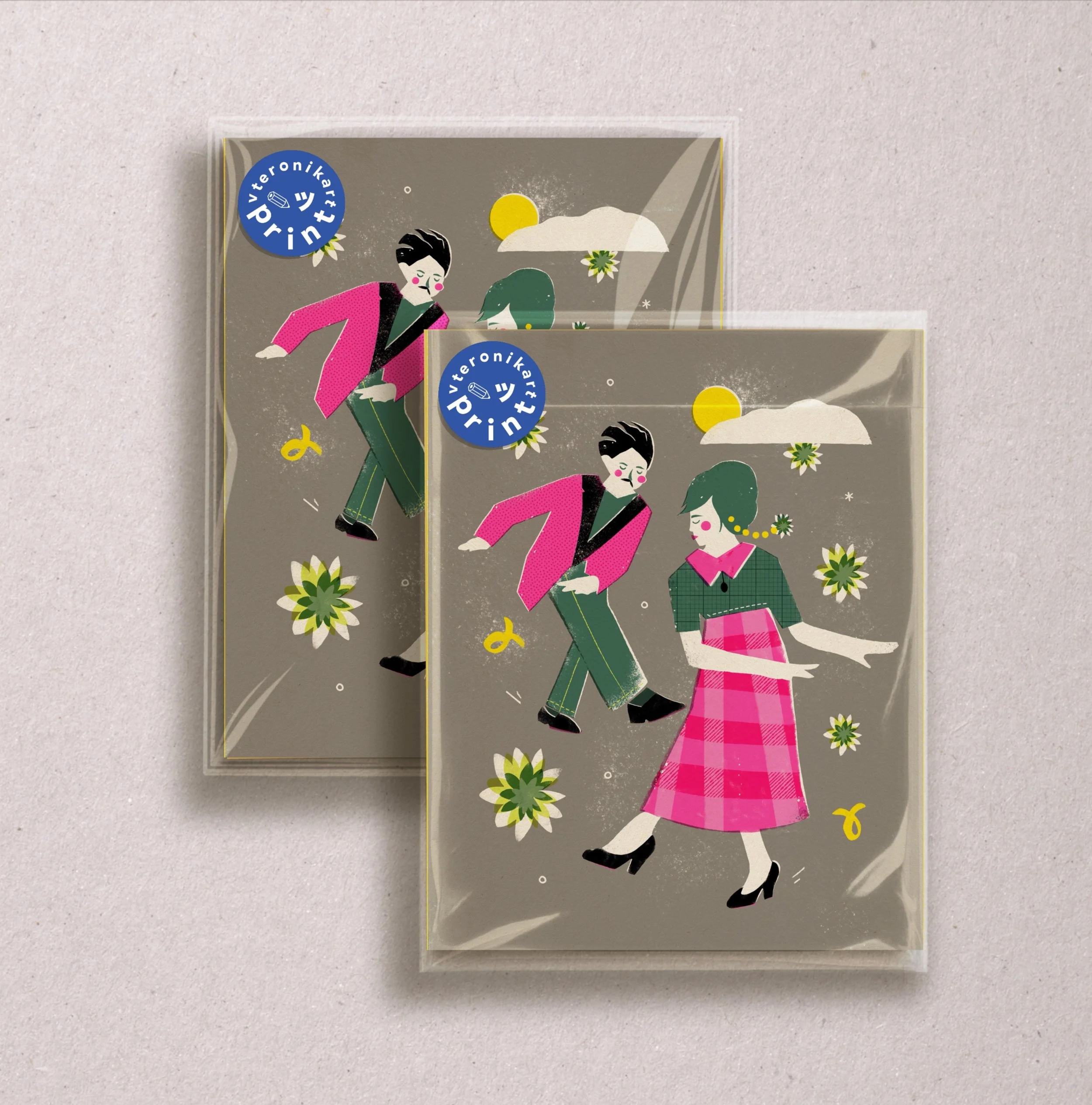 Romantic dancing couple art print. Retro 80s style illustration with stars and clouds. Limited edition archival wall decor