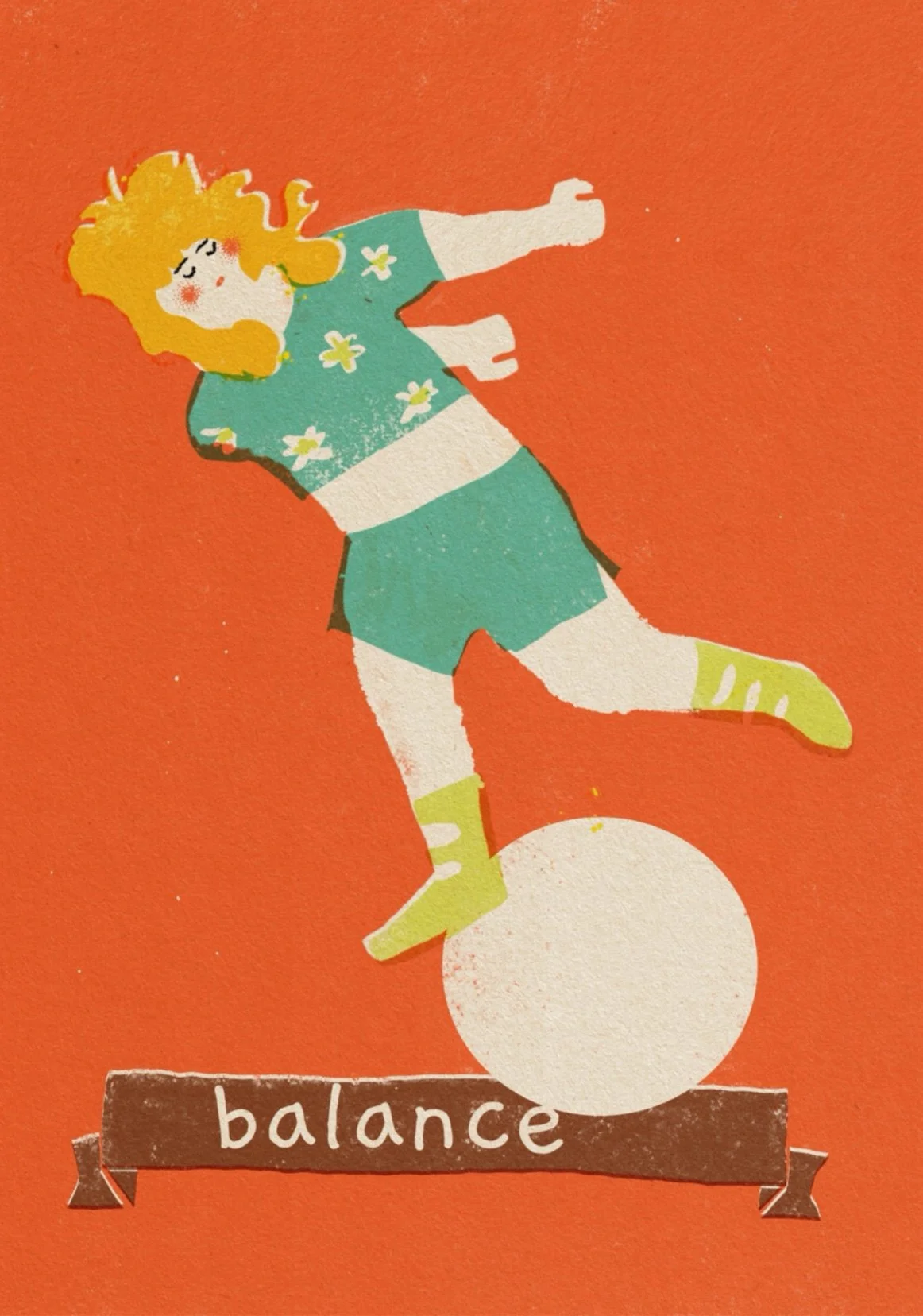 A cartoon girl with curly yellow hair standing on a white ball, balancing with eyes closed and a slight smile, against an orange background. She is wearing a green shirt with white flowers, green shorts, and yellow shoes. The word "balance" is writte