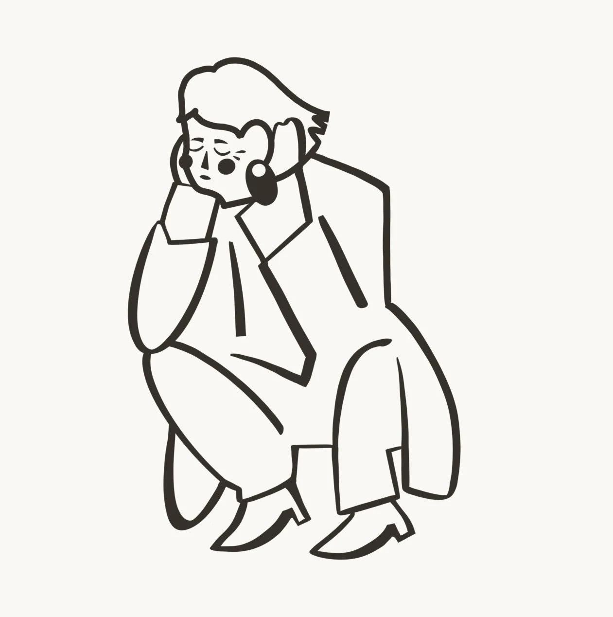 Black and white line drawing of a person with long hair, sitting with their head resting on their hand, looking tired or sad.