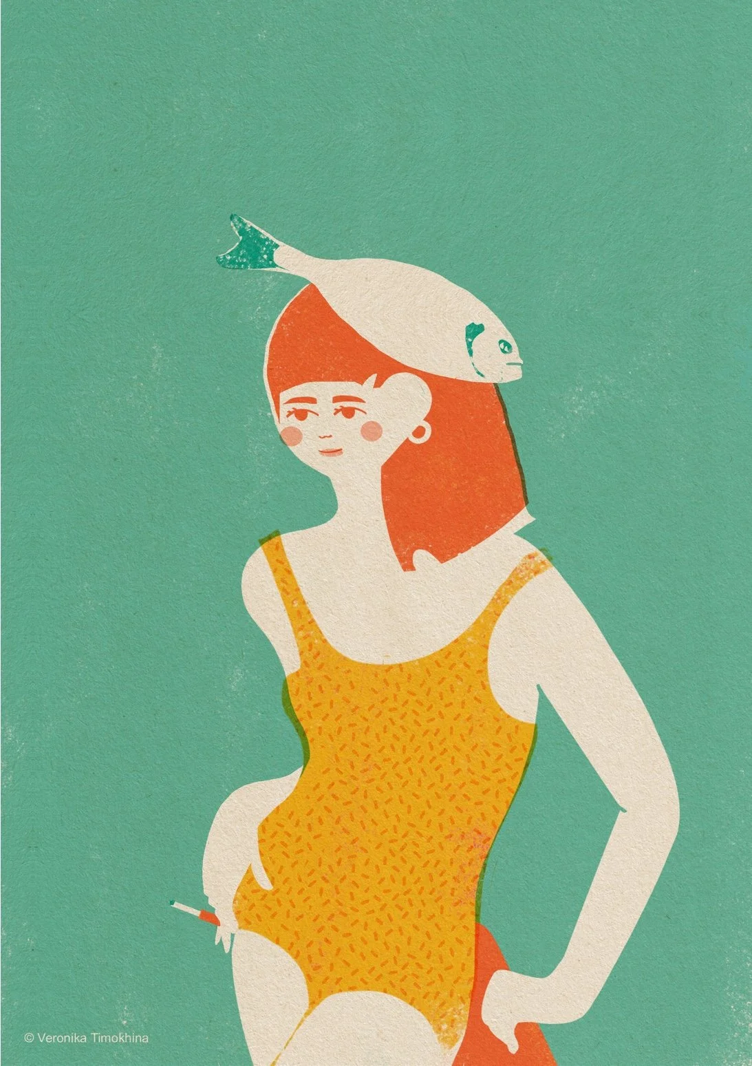 woman wearing a fish as a hat in a colorful editorial-style illustration inspired by the Pisces zodiac.