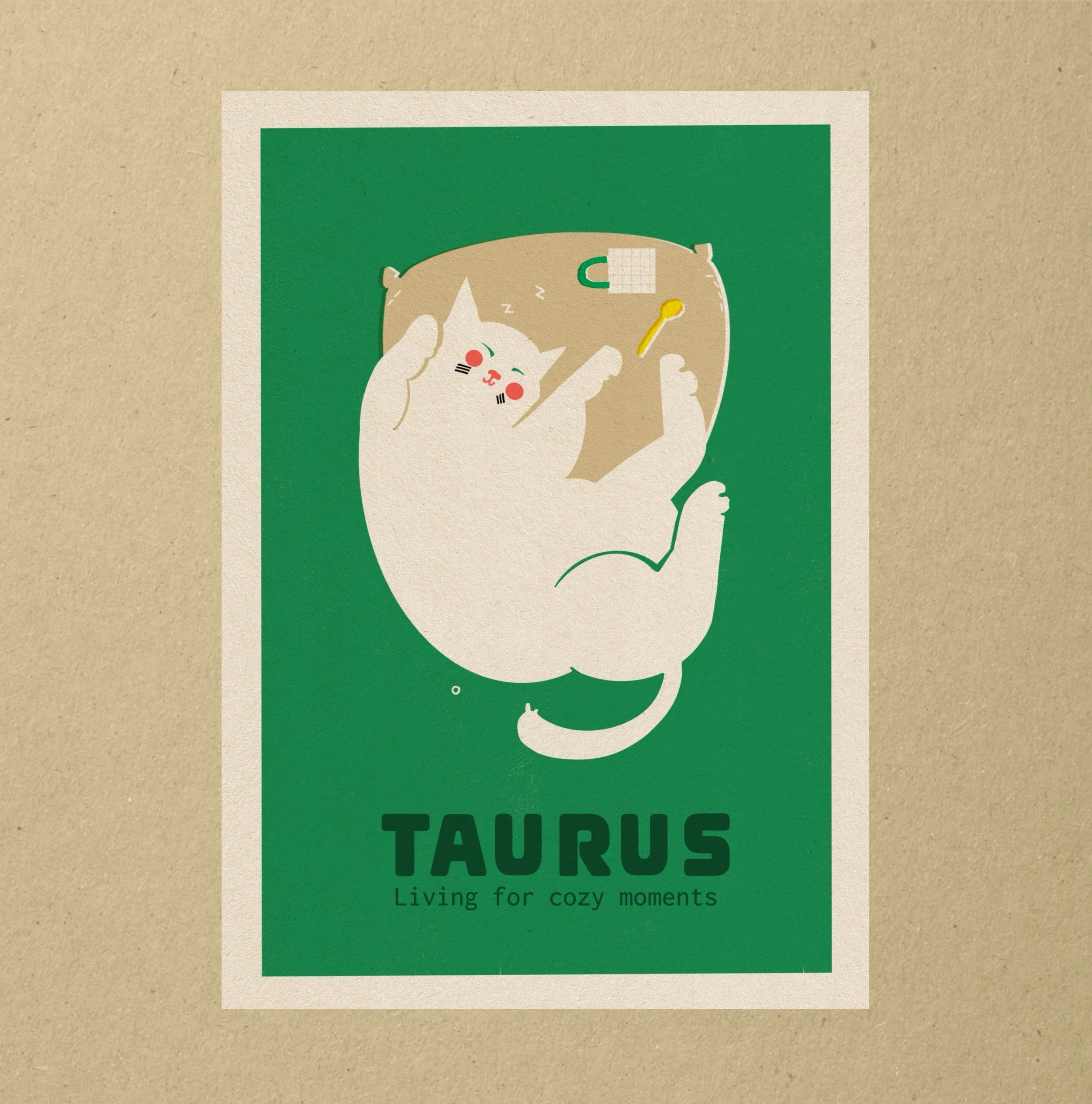 Taurus zodiac art print: white cat lounging with a pillow on green background. Text: "Taurus Living for cozy moments." By Vteronikart