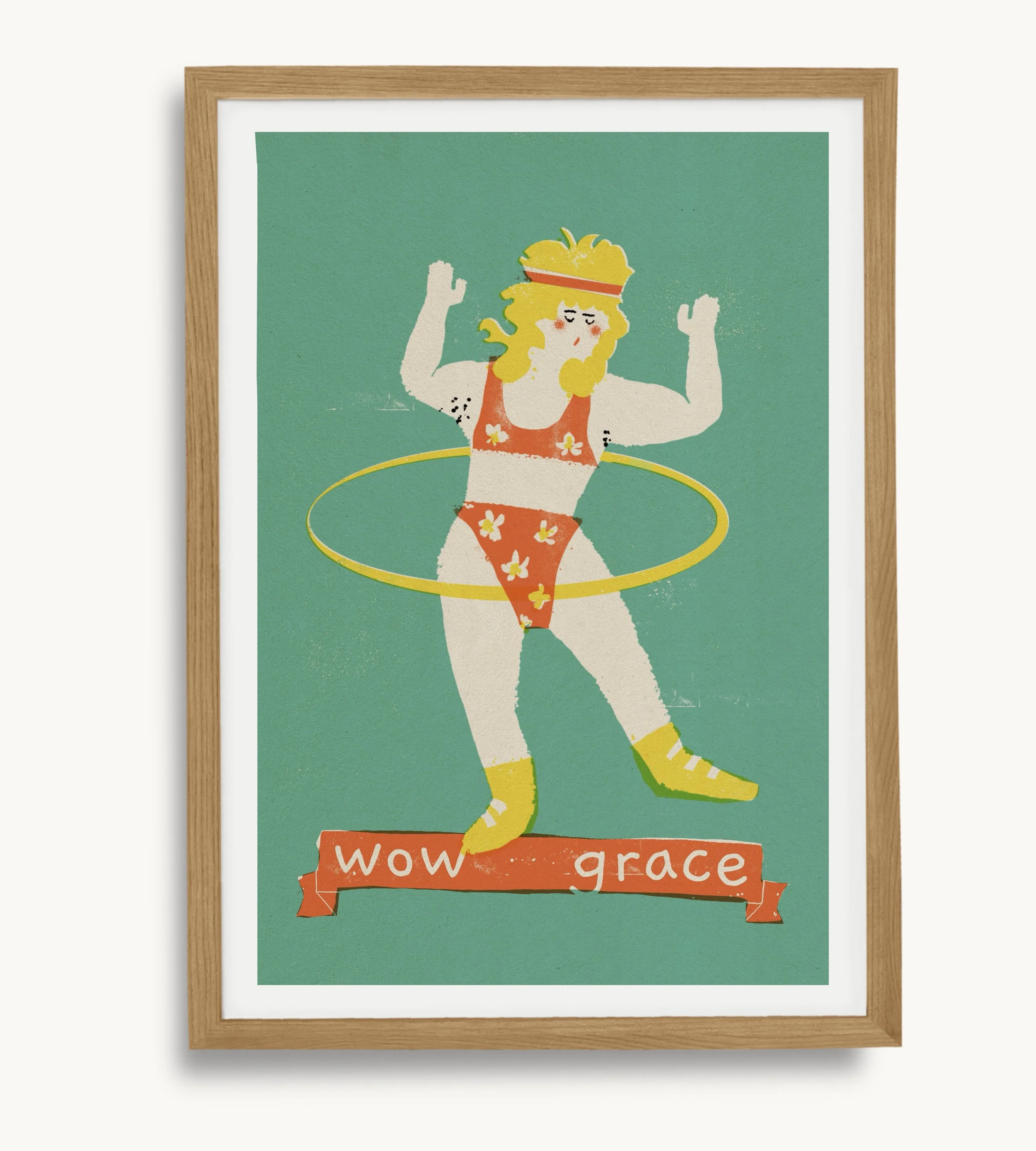 Grace retro circus art print displayed in a light wood frame against a neutral wall, by vteronikart.
