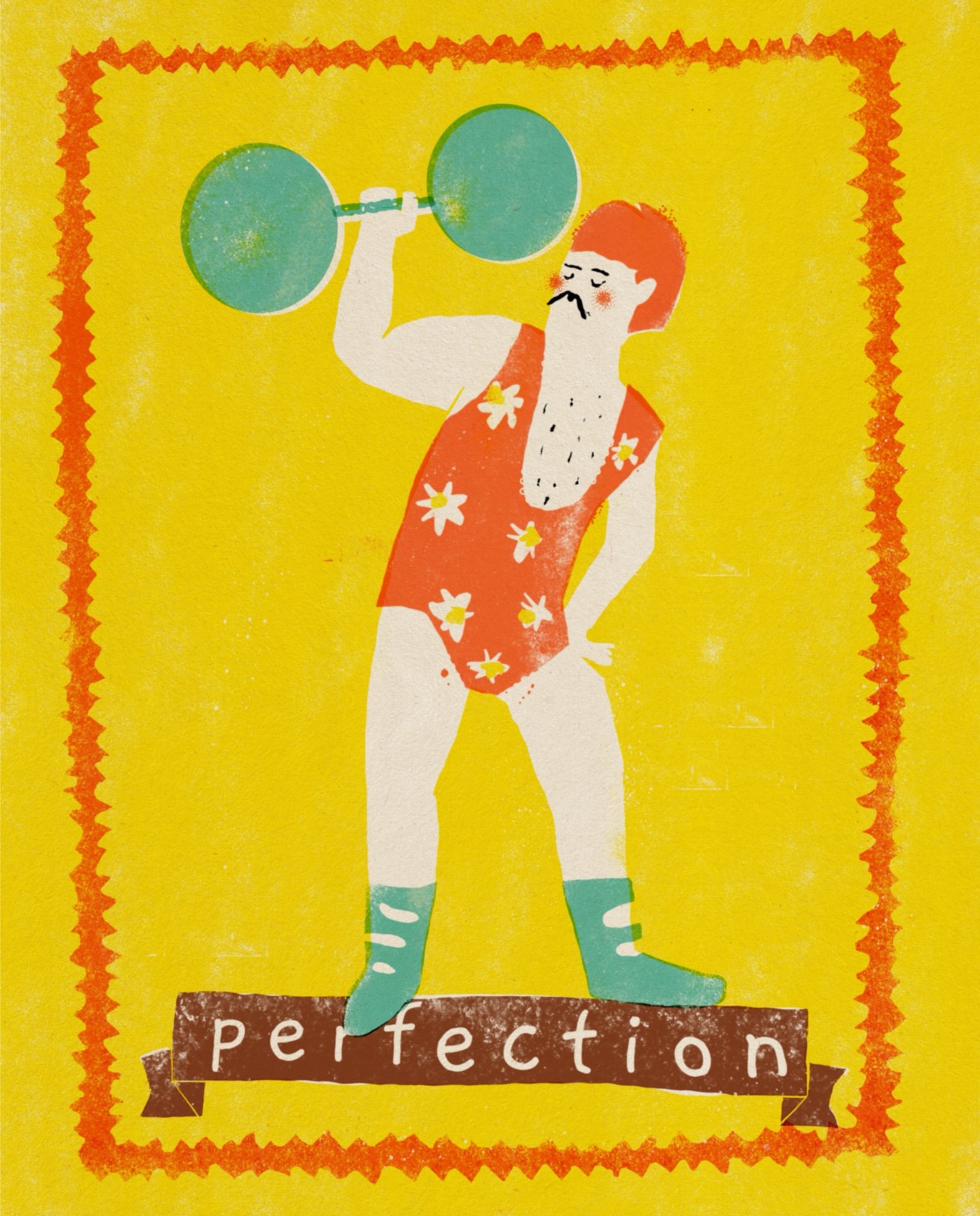 risograph illustration, men with weights on yellow background