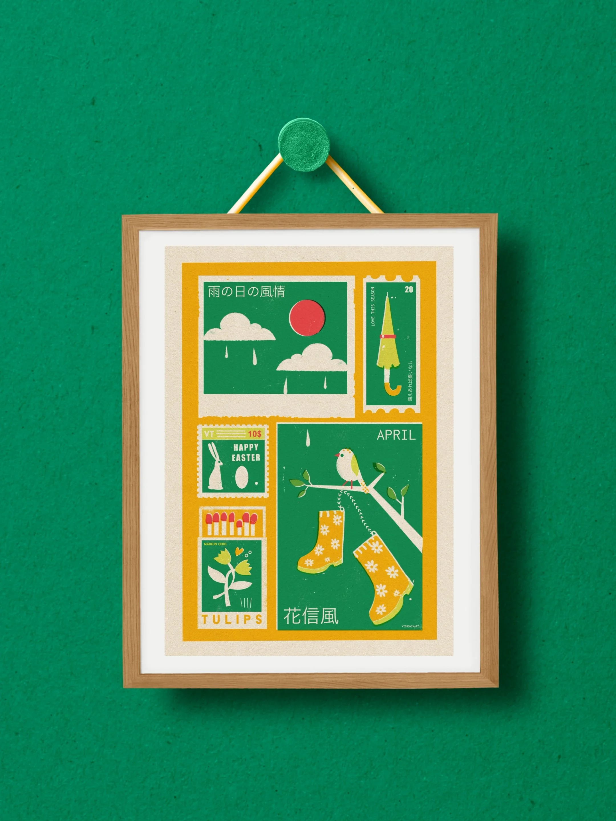 A5 April art print framed on a dark green wall, showcasing whimsical spring home decor.