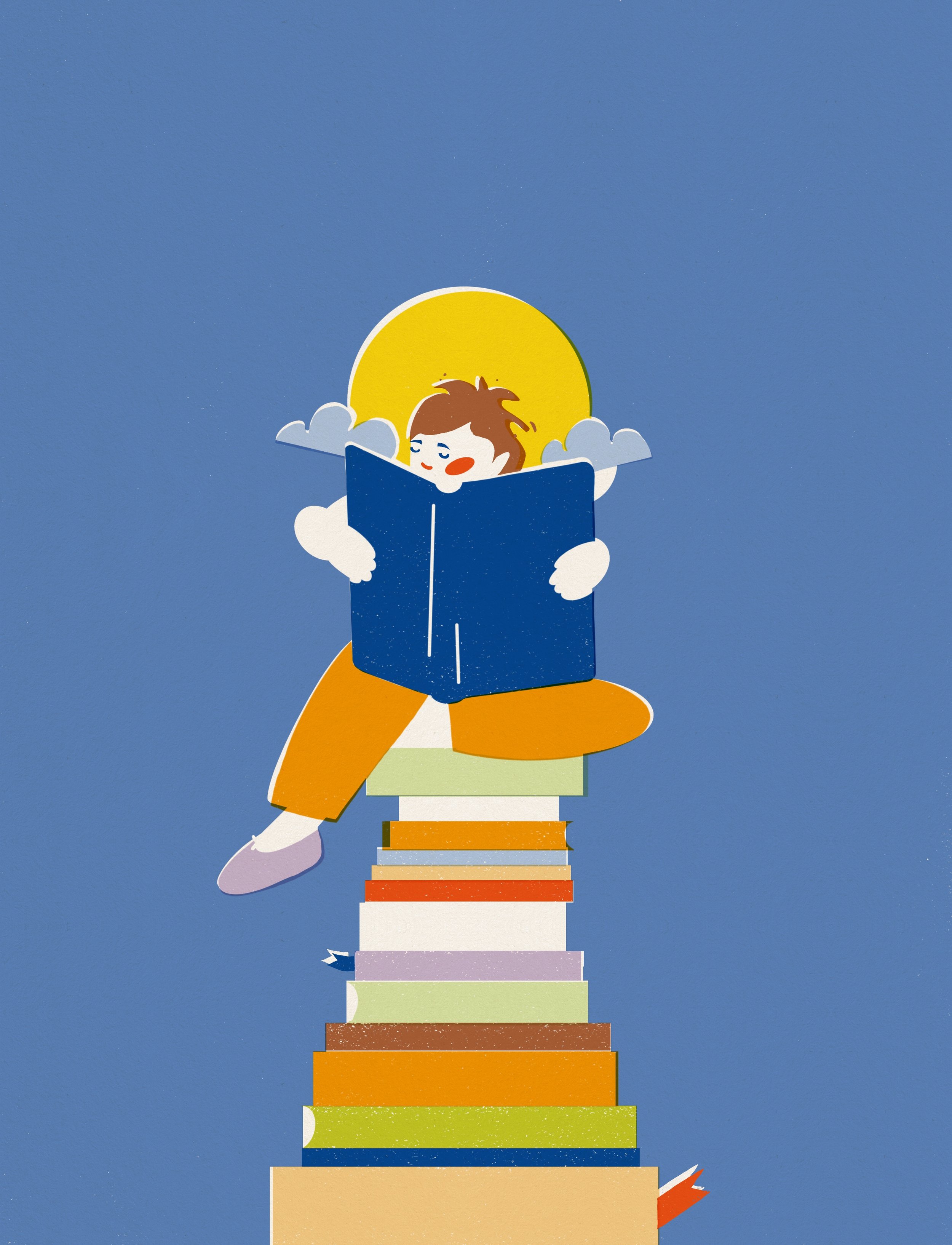 Cincinnati Schools Guide 2026 magazine cover illustration by Veronika Timokhina, child reading on stack of colorful books against blue sky, published by Cincinnati Magazine