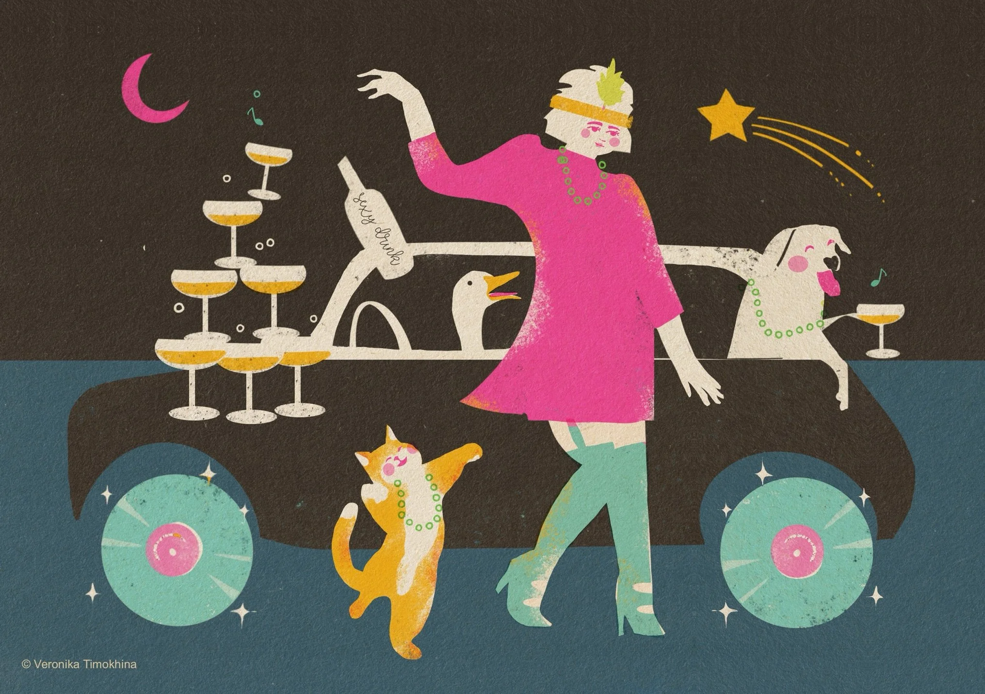Colorful illustration of a woman in a pink dress beside a convertible with a champagne tower, dog, cat, and goose under a night sky.