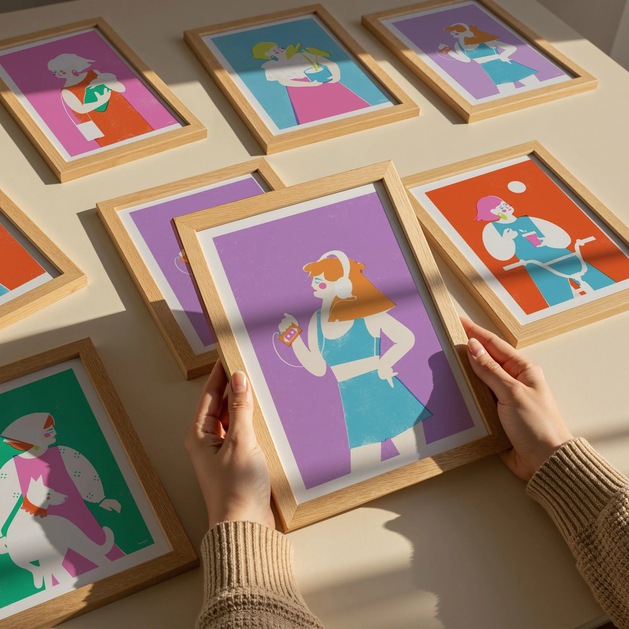 A lifestyle shot of multiple "Portraits for Her" prints spread out on a wooden table in a sunlit studio, showing the vibrant colors and physical paper quality.