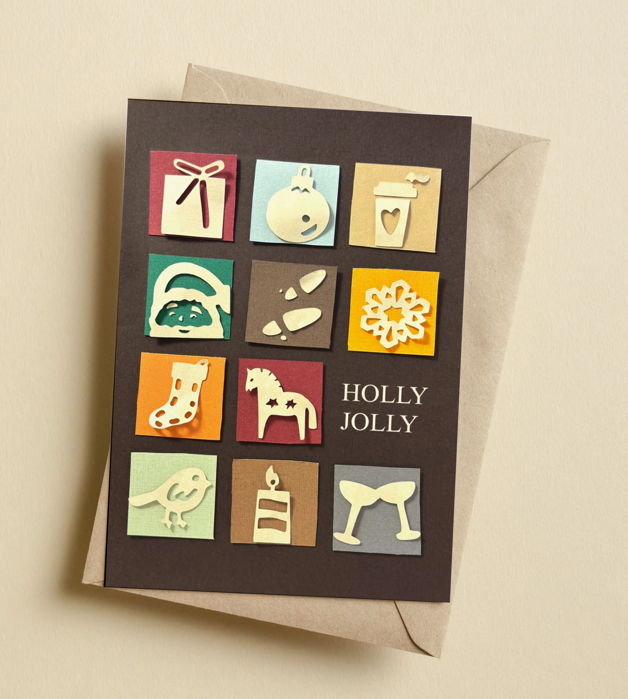 Papercut holiday postcard “Holly Jolly” festive cut-out icons in a grid layout, handmade paper collage, warm cozy colors, limited edition of 25 postcards