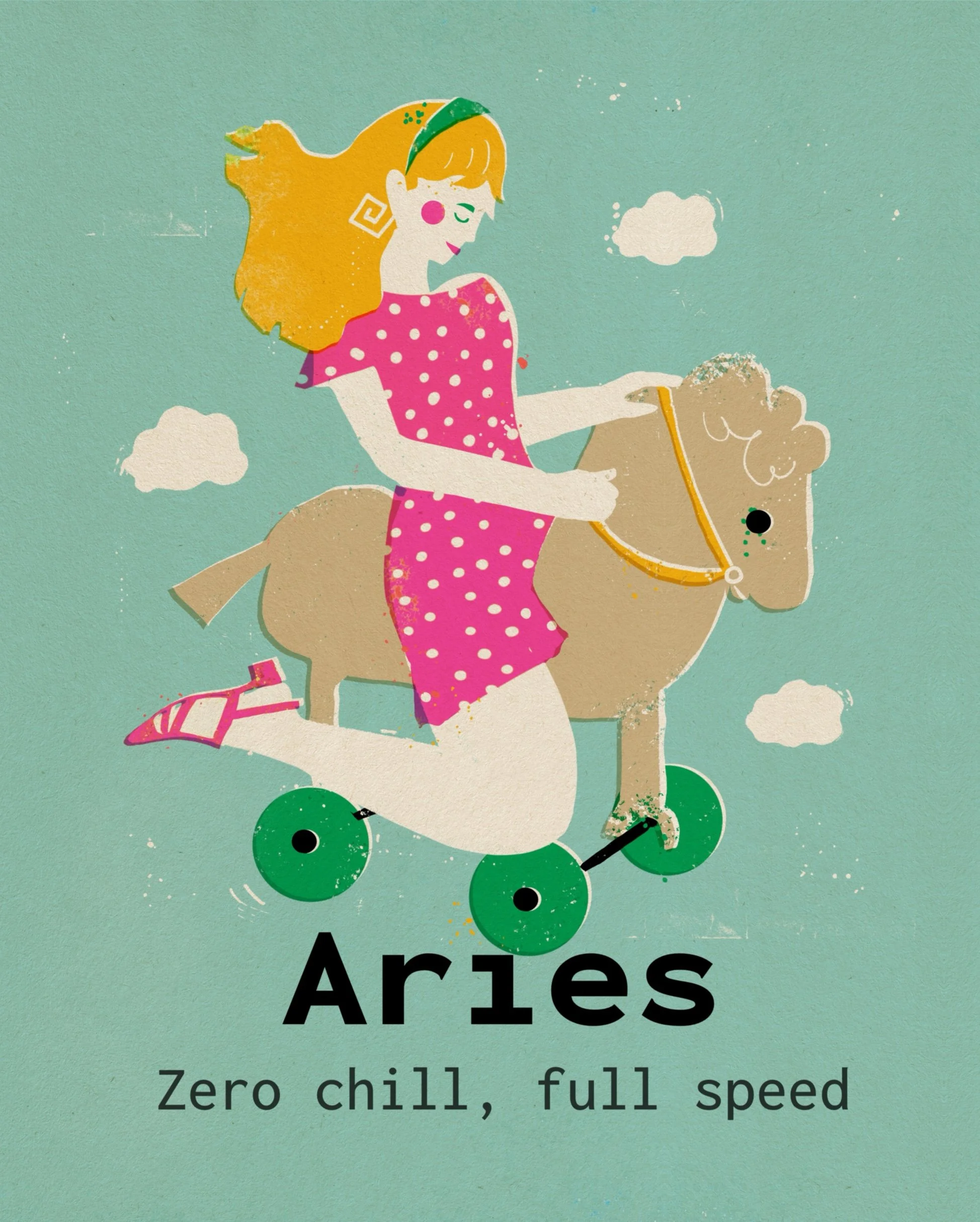 Aries cosmic cuties digital artwork vteronikart kids horse toys, polka dots pink dress, humor, retro vintage color palette