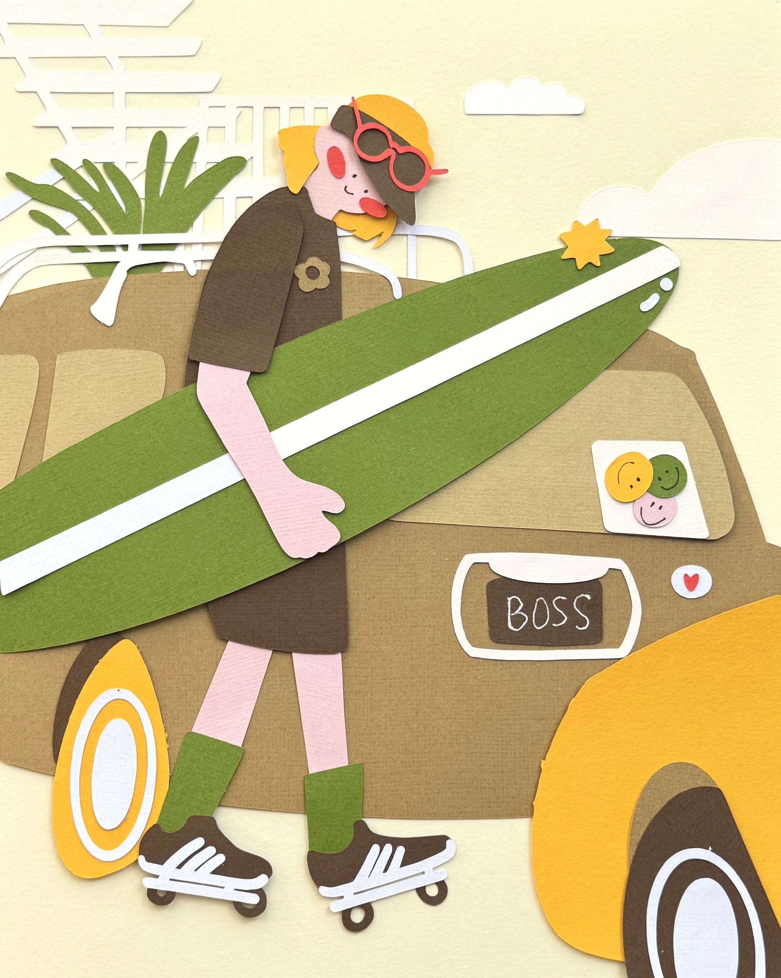 Hand-cut paper collage artwork by contemporary paper artist, featuring minimalist compositions made from layered colored paper