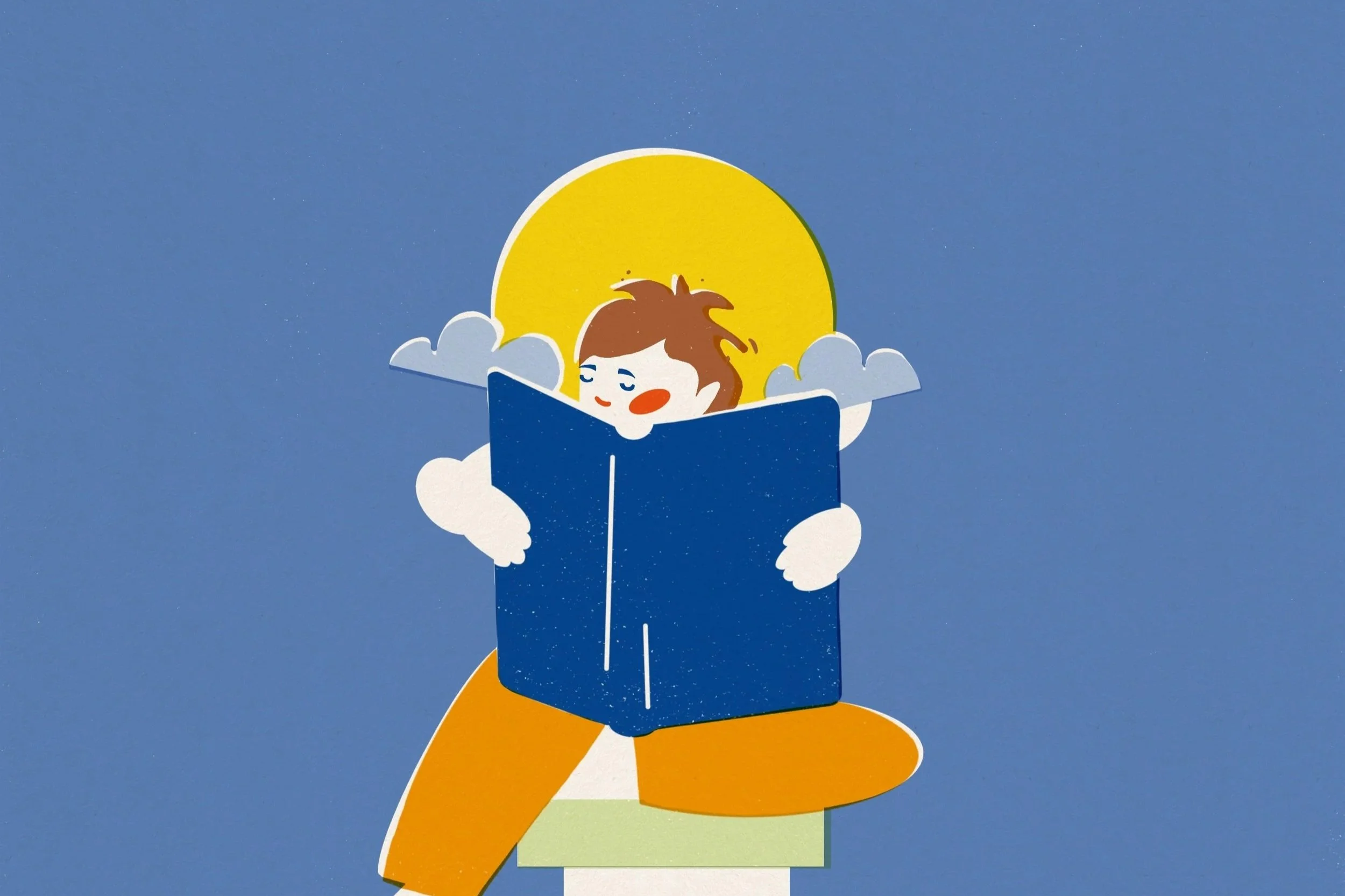 Cincinnati Schools Guide 2026 magazine cover illustration by Veronika Timokhina, child reading on stack of colorful books against blue sky, published by Cincinnati Magazine