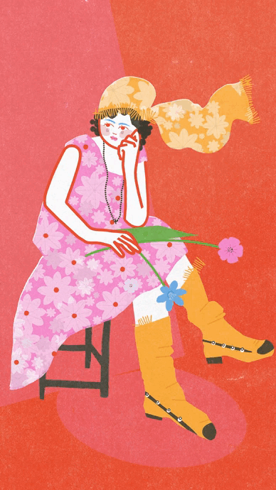 Illustration of a woman wearing a yellow hat, pink floral dress, orange boots, sitting on a stool, holding a pink flower, and talking on the phone against a pink background.