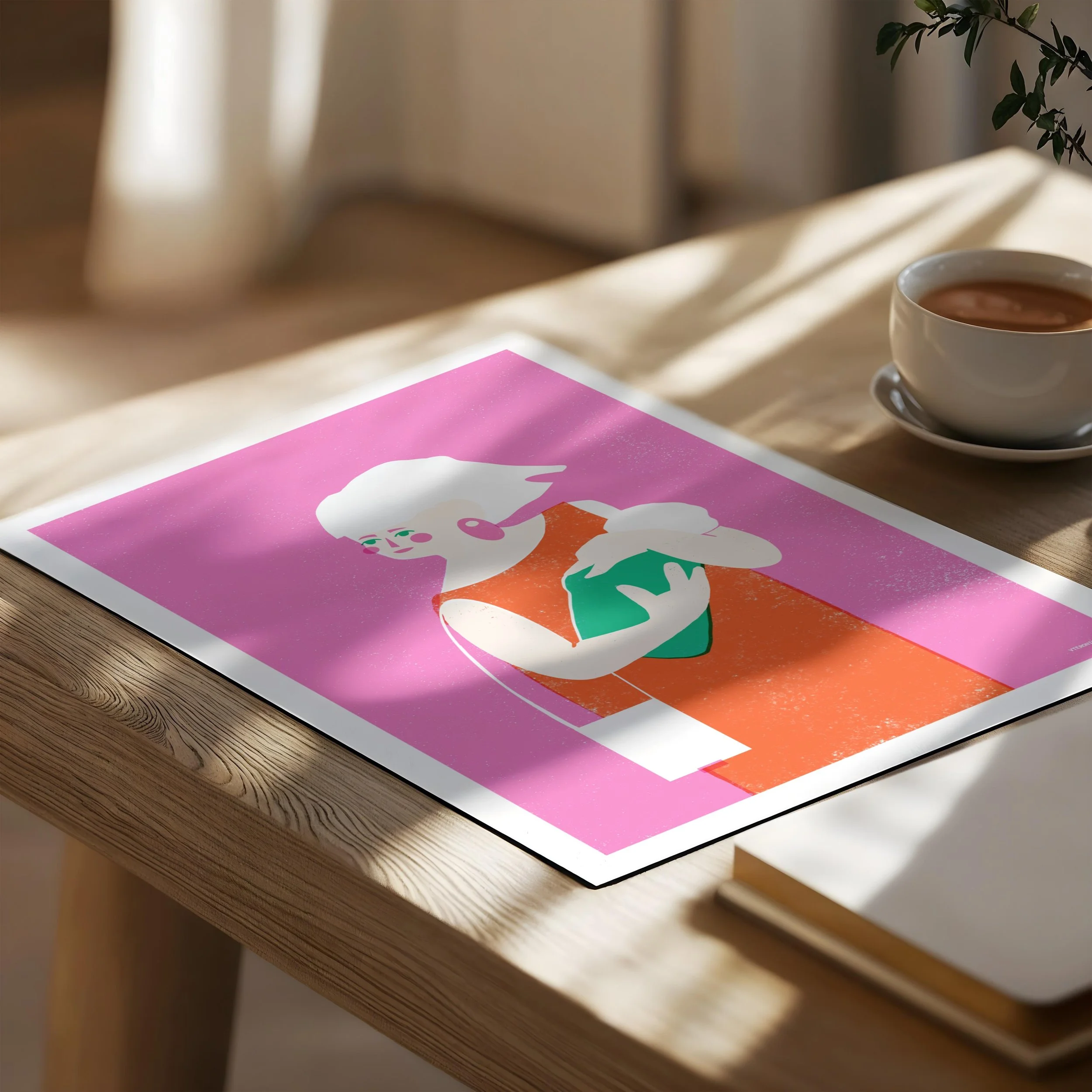 Colorful new mom art print flat lay on wooden table with coffee, pink orange retro mother newborn illustration by veronika timokhina vteronikart