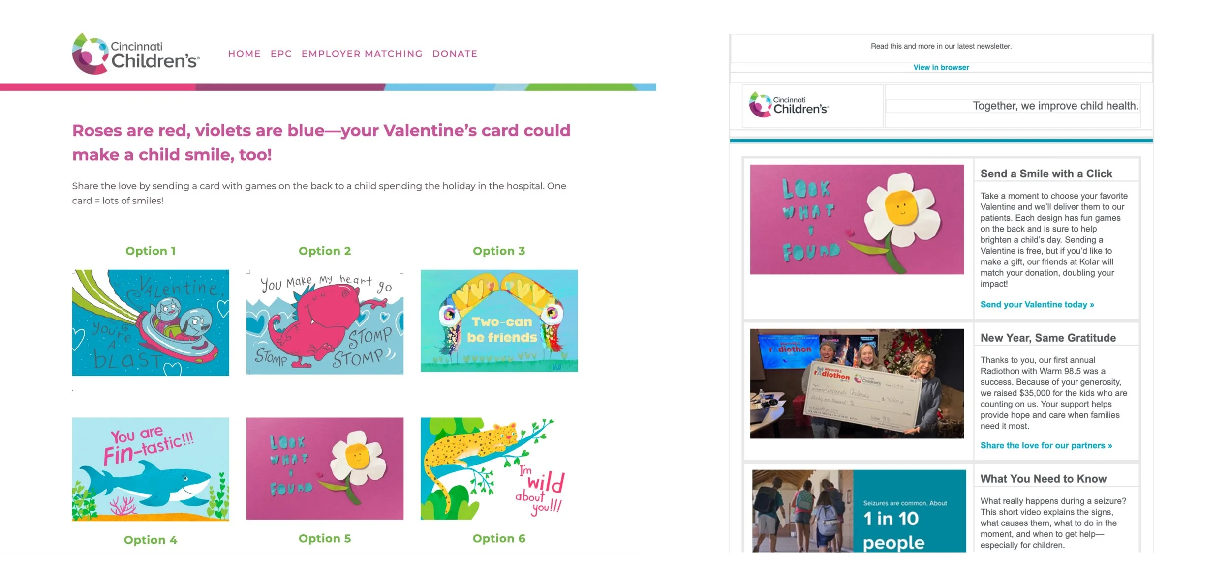 Screenshot showing a hand-cut paper Valentine’s Day card featured on a children’s hospital website as part of a seasonal campaign.