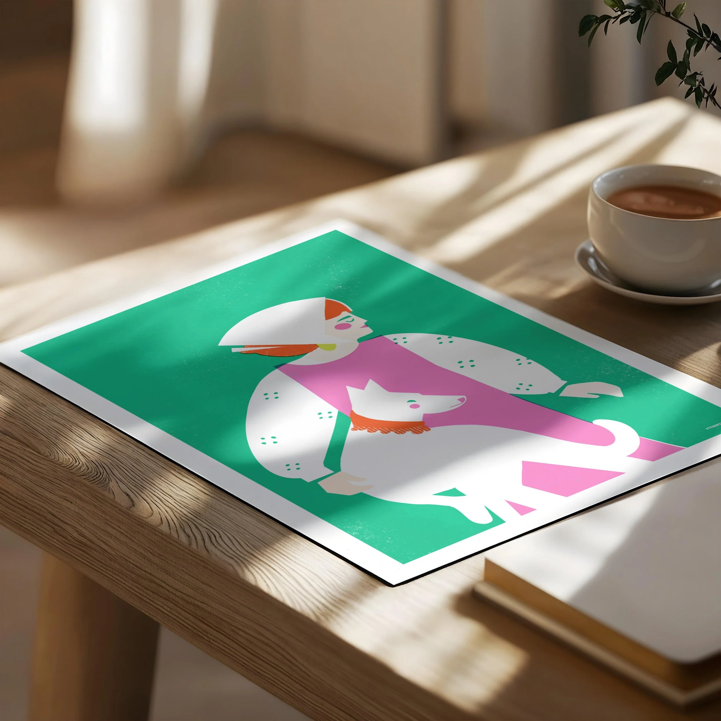 Colorful dog mom art print flat lay on wooden table with coffee cup, bold green and pink retro illustration, archival giclee quality by Veronika Timokhina vteronikart