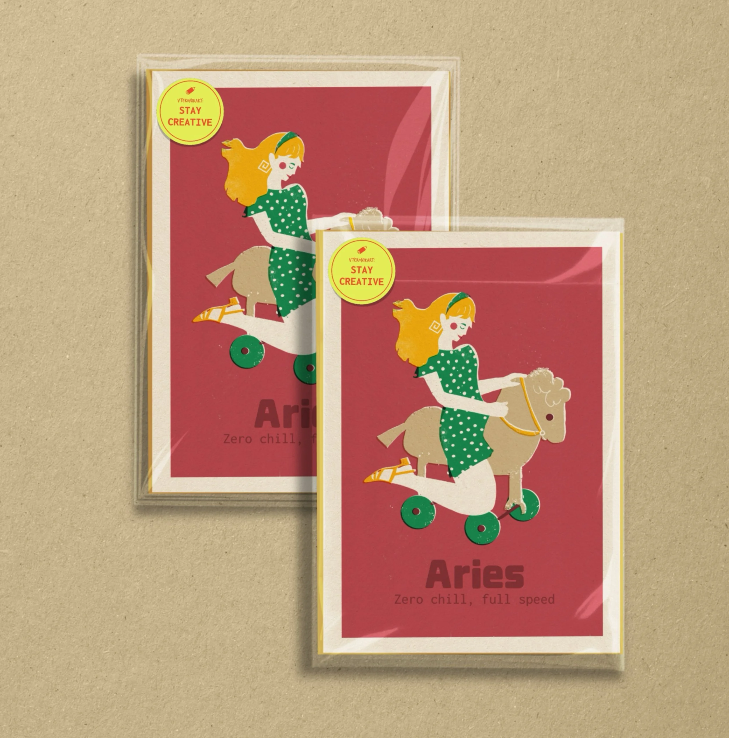 Aries zodiac art print: white cat on a red background in risograph style. Text: "Aries - The bold and the brave." By Vteronikart.
