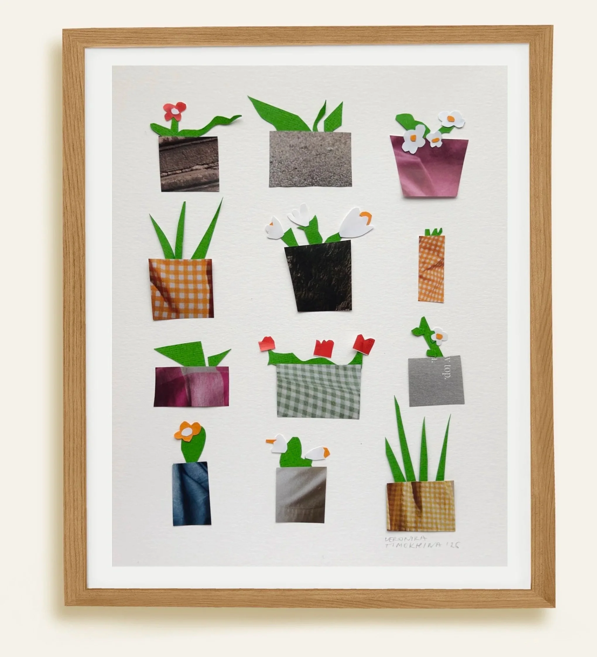 pink, white flpwers and green plants in the pots paper collage