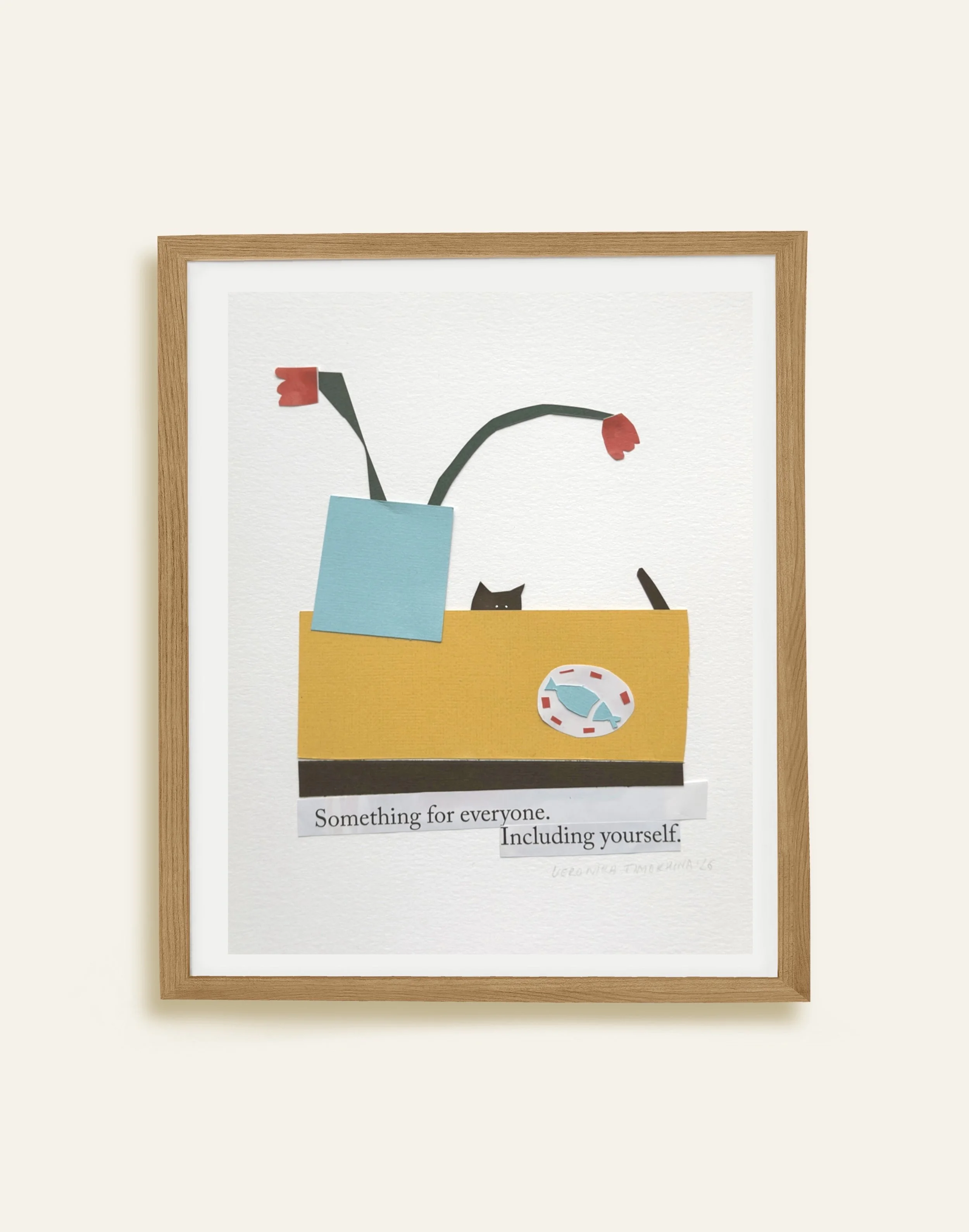 Cunning cat paper collage in frame, yellow table, blue vase, red tulips, black cat, blue fish on white plate