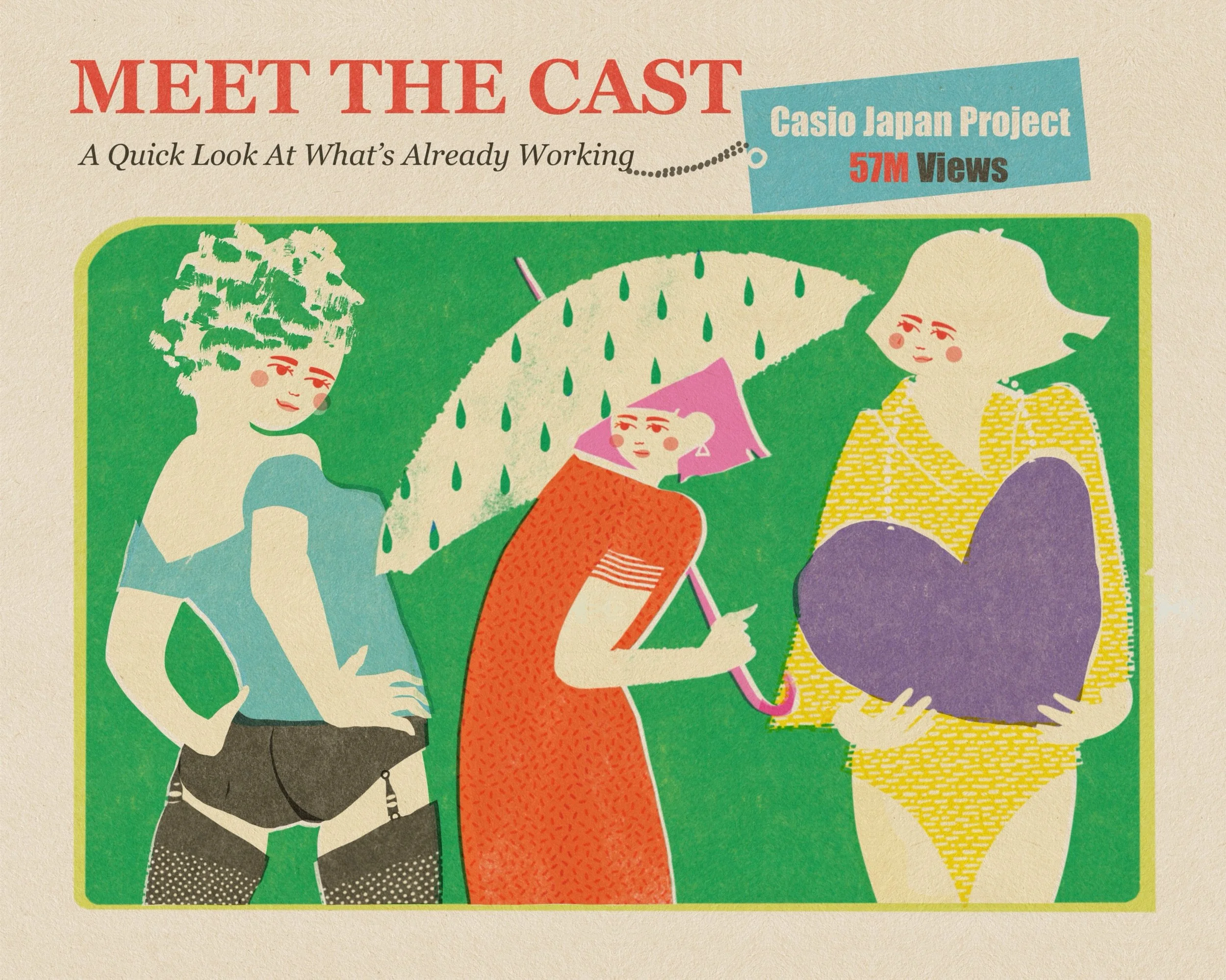 Illustration of four women sitting on a green background, with a large umbrella shading them, and a woman holding an umbrella in pink.