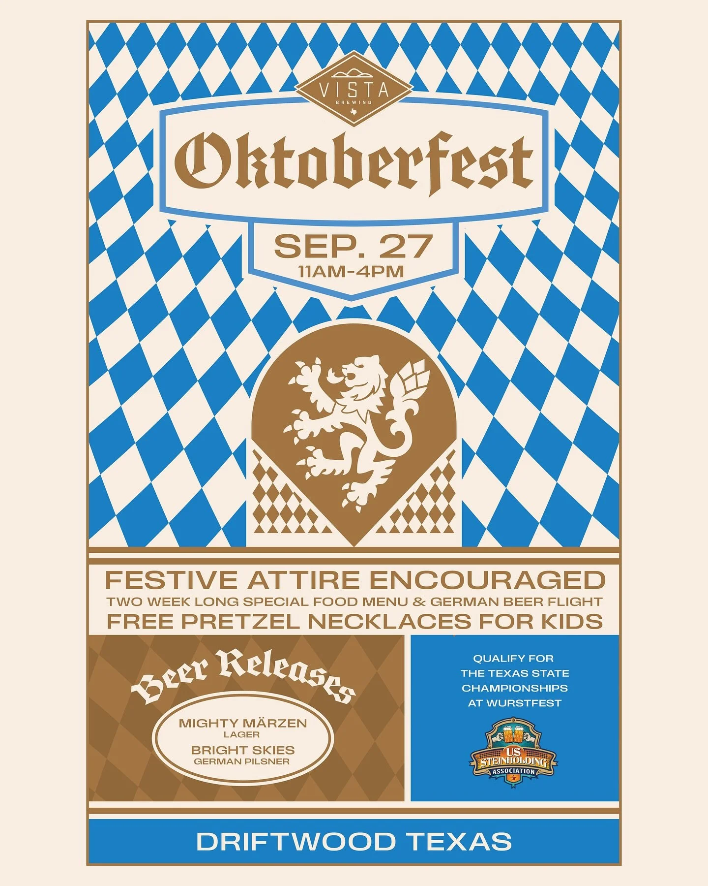 Oktoberfest Party this Saturday from 11am - 4pm!  Grab your Lederhosen &amp; Dirndl and come raise your stein with Vista!

Bring the crew and the whole fam for German-inspired food &amp; brews, live music, Steinholding, Hammerschlagen, pretzel neckla