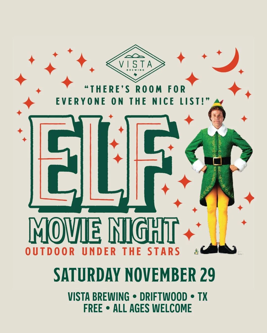 ELF Outdoor Movie Night &ndash; Saturday, Nov. 29

🎄 &ldquo;There&rsquo;s room for everyone on the Nice List!&rdquo;

Join us this week for one of the most anticipated events of Vista's holiday schedule!  Kick off the holiday season with our annual 