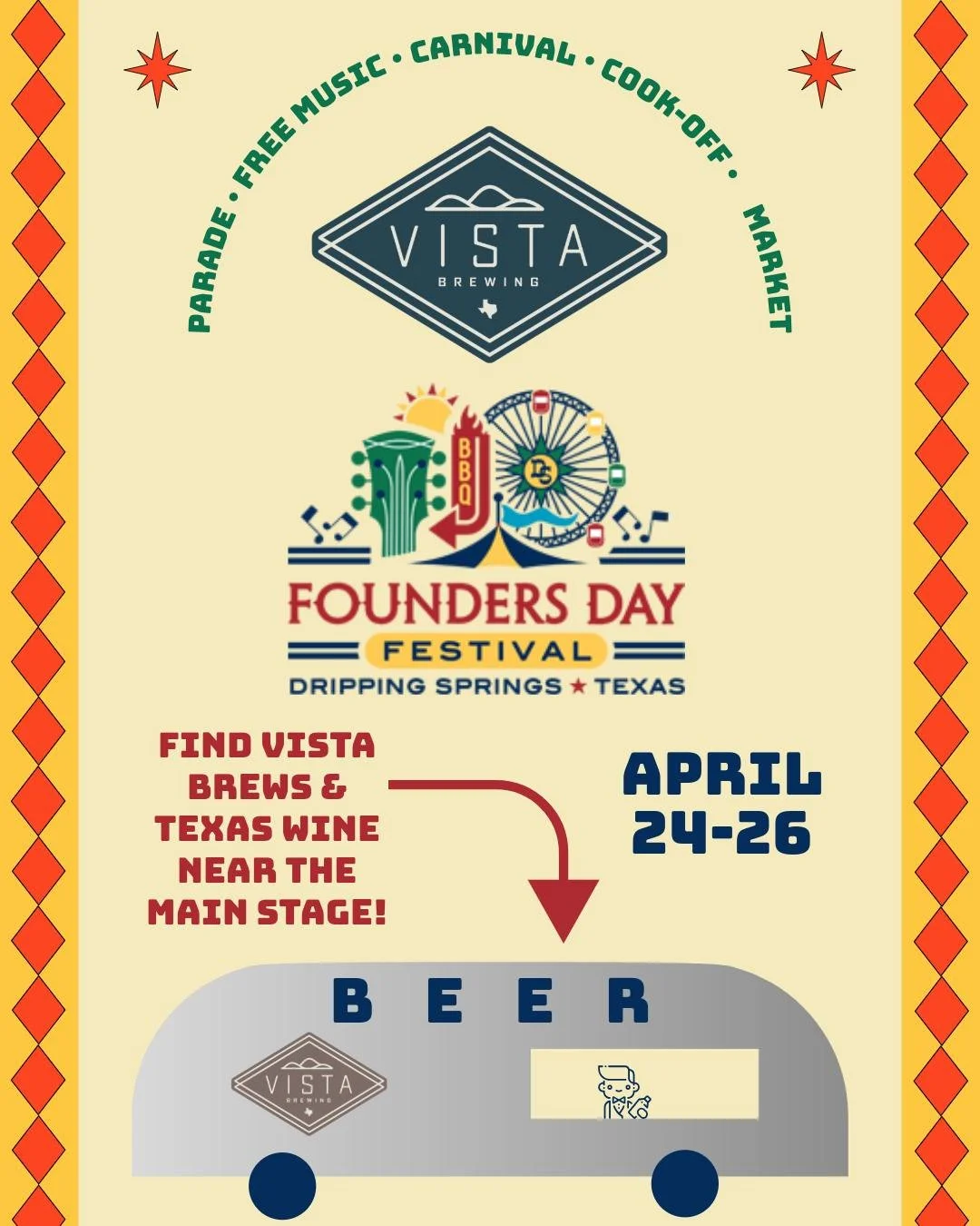 Who's headed to Founder's Day next weekend in Dripping Springs?! We're excited to be back this year in a big way - with our beer trailer! 

So if you get thirsty while checking out the awesome music lineup (see below!) find the Vista trailer near the