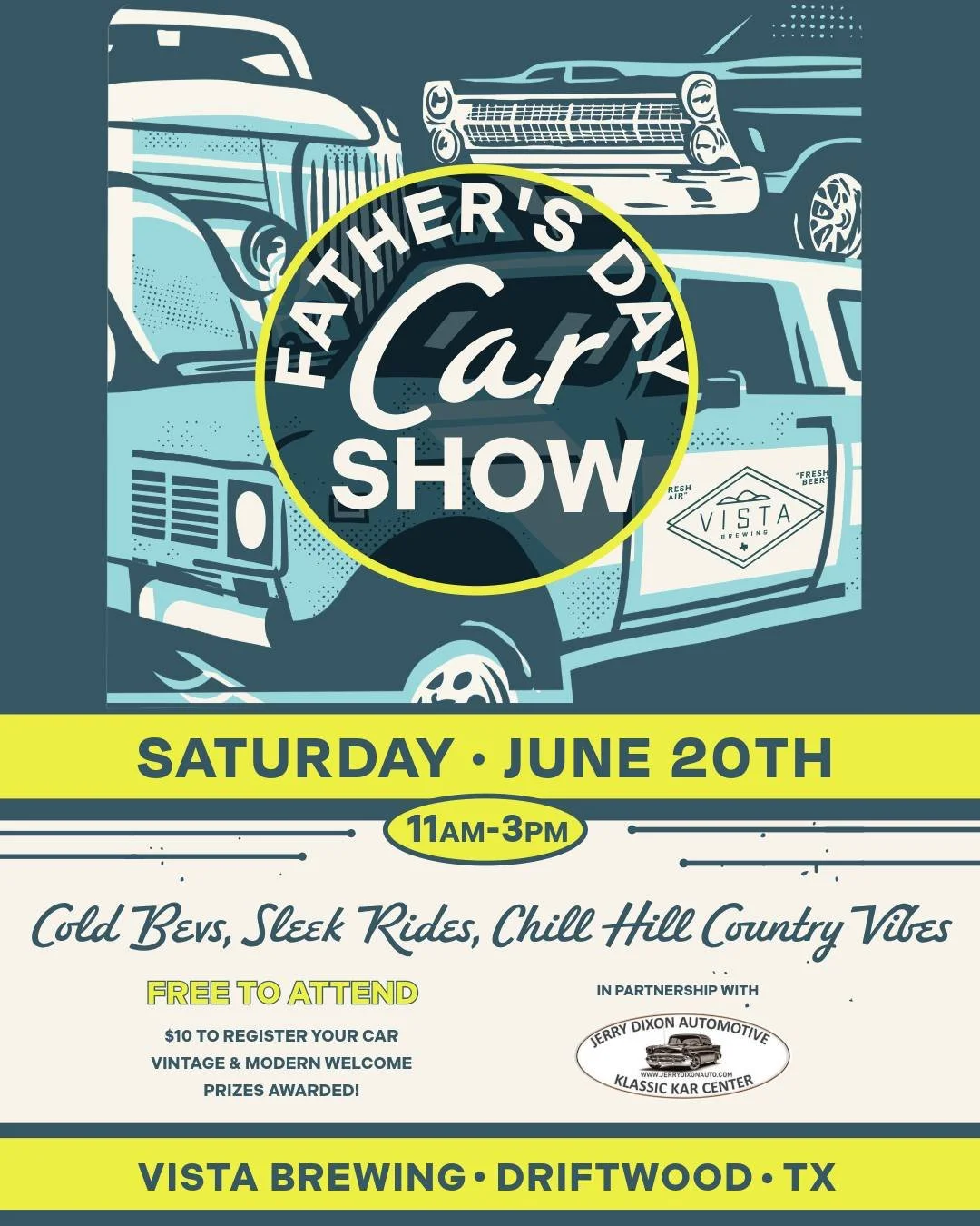 🚗 Father's Day Weekend Car Show

Saturday, June 20 &bull; 11 AM &ndash; 3 PM

Bring Dad, the fam, and your appetite for an afternoon of 𝑪𝒐𝒍𝒅 𝑩𝒆𝒗𝒔, 𝑺𝒍𝒆𝒆𝒌 𝑹𝒊𝒅𝒆𝒔 &amp; 𝑪𝒉𝒊𝒍𝒍 𝑯𝒊𝒍𝒍 𝑪𝒐𝒖𝒏𝒕𝒓𝒚 𝑽𝒊𝒃𝒆𝒔. 

Check out vintage
