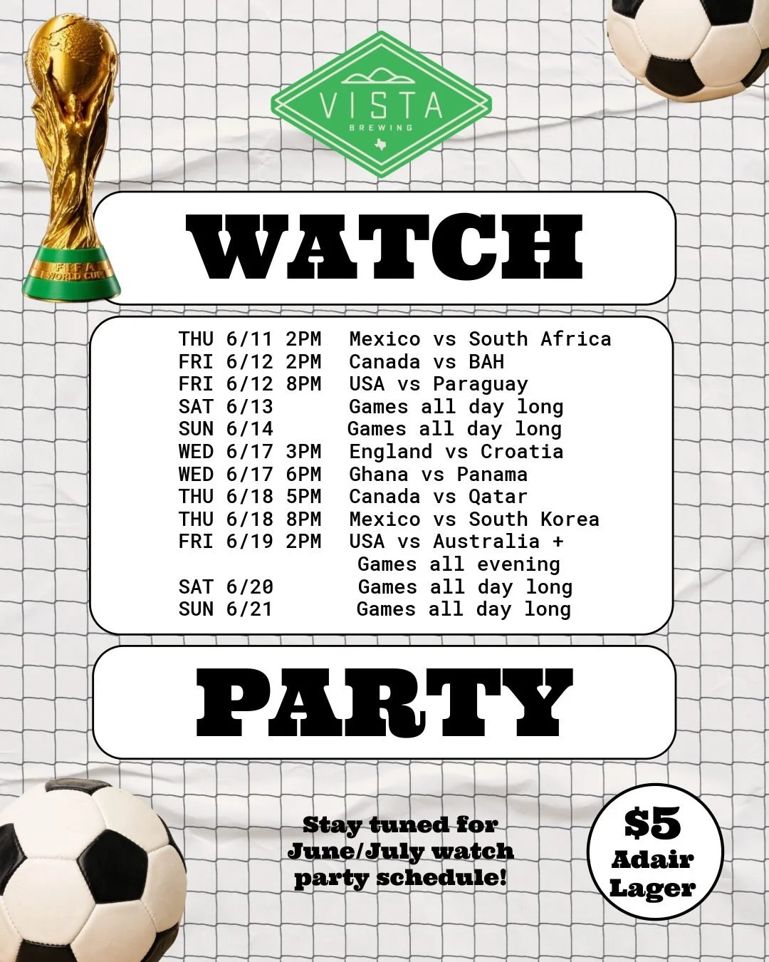 ⚽ World Cup Watch Parties at Vista are here!

Watch your favorite teams in the world's biggest sporting event with cold beer, great food, &amp; ranch vibes.

We'll be showing matches throughout the tournament, so keep an eye on our website and social