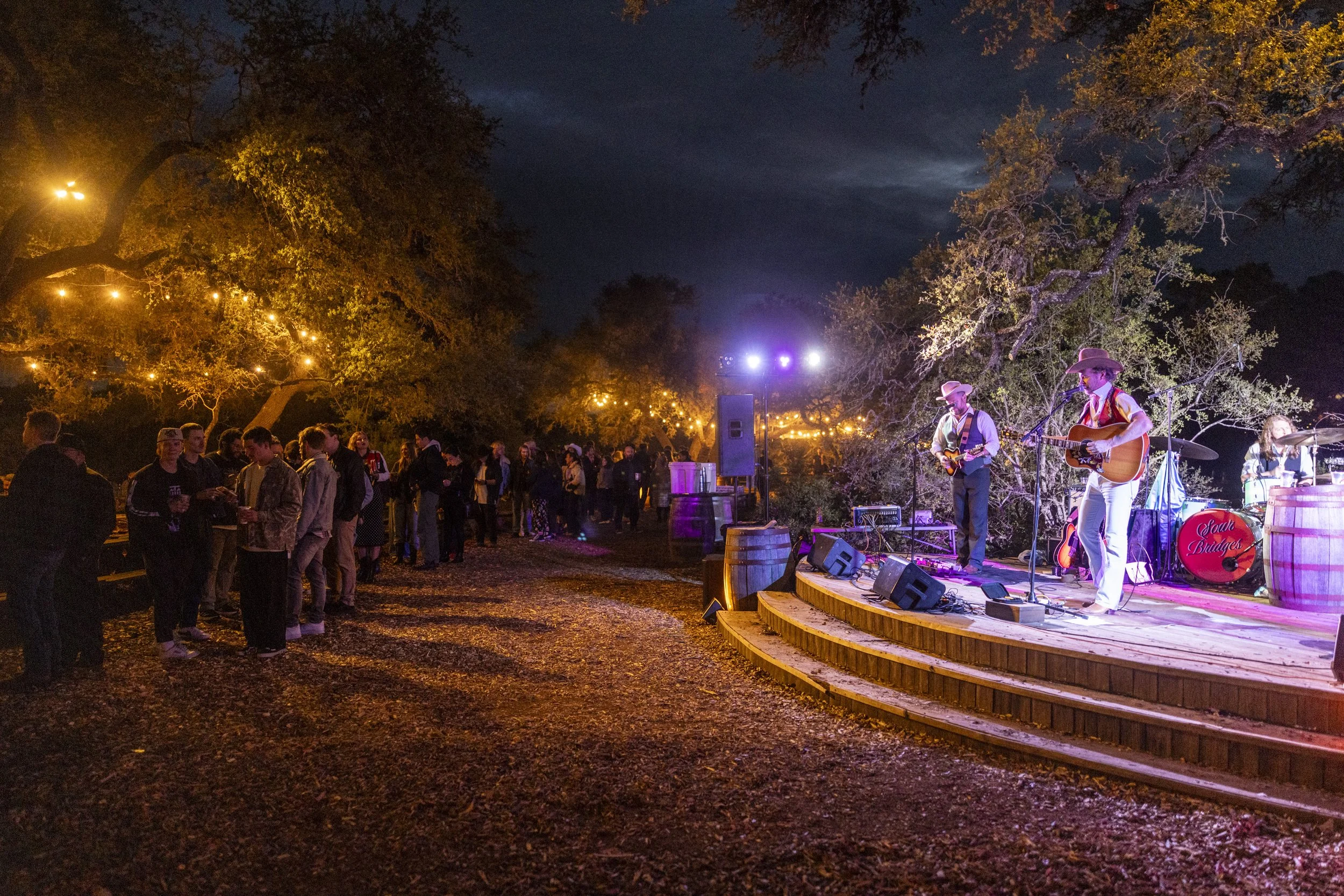 A live outdoor country music performance at night with a band on a wooden stage, audience standing nearby, large trees with string lights overhead, and dark sky in the background.