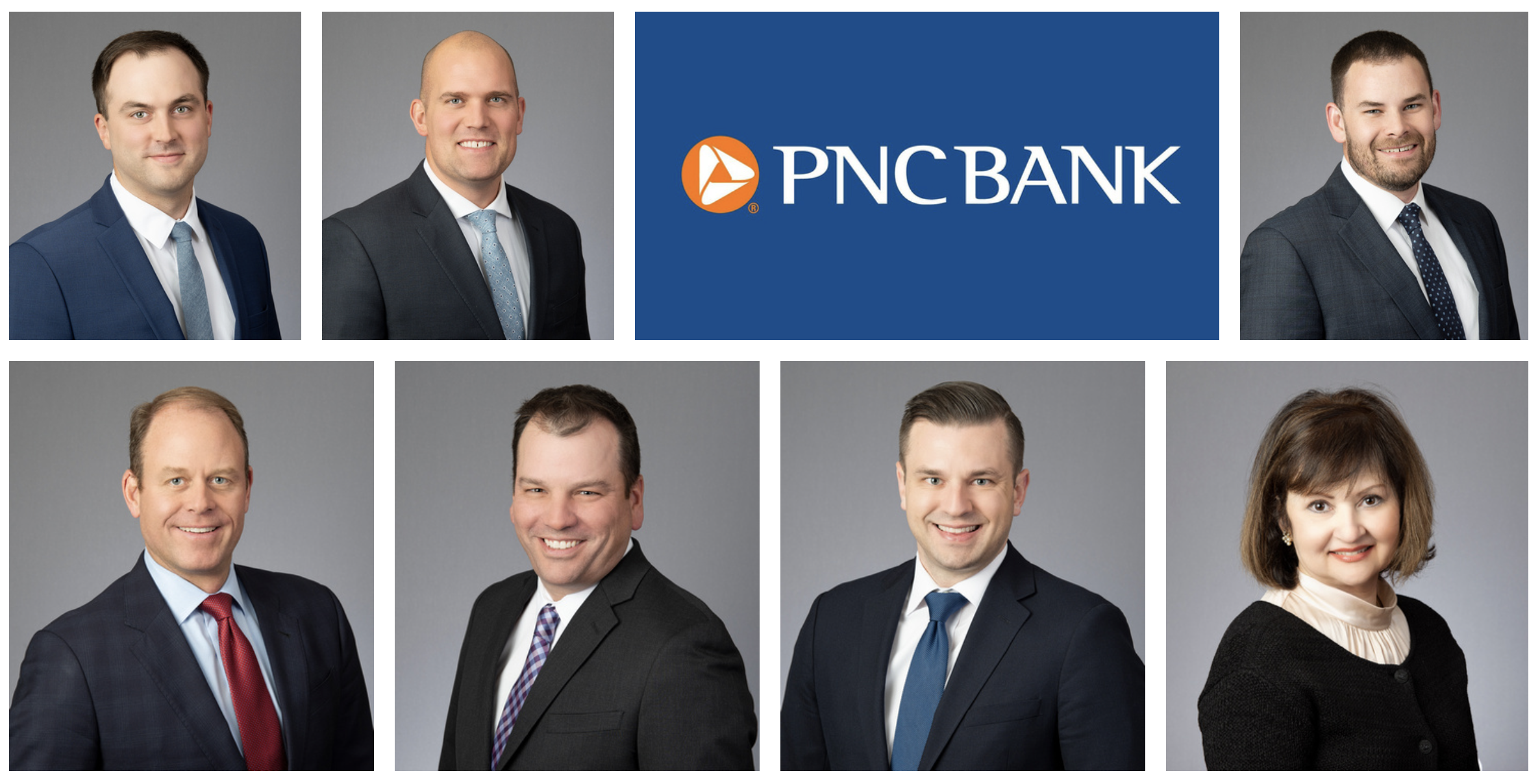 Chicago headshot photographer of entire team at a local bank downtown with grey background