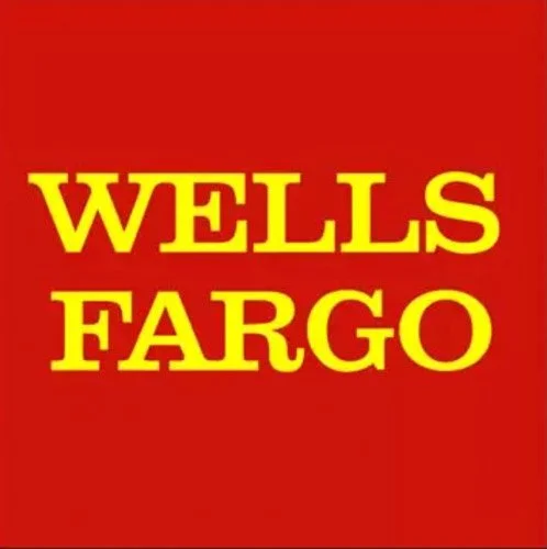 Wells Fargo logo with red background and yellow text.
