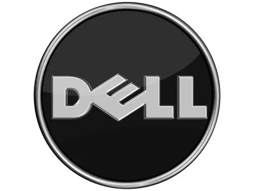 Dell logo on a black circular background with a silver border.