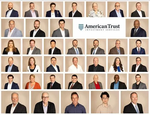 Group photo of diverse professionals in business attire, with AmericanTrust Investment Services logo in the center.