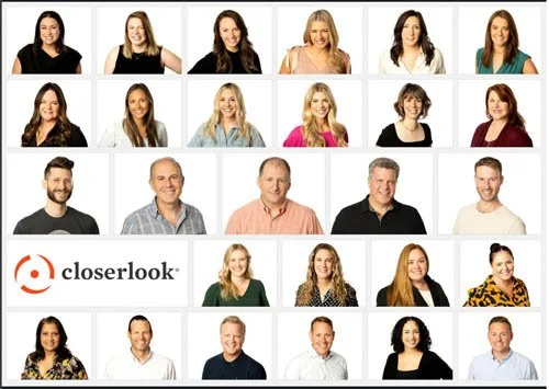 Collage of 20 diverse headshots of men and women, with a 'closerlook' logo in the bottom left corner.
