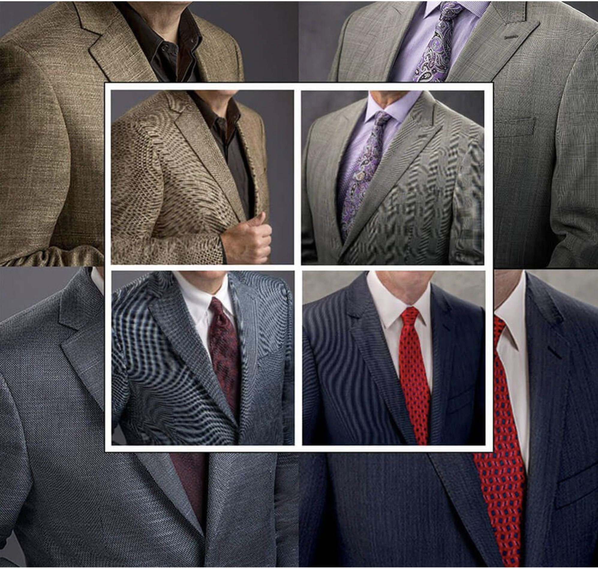 Collage of six men's business suits with different patterns and colors, arranged in a grid with a white border.