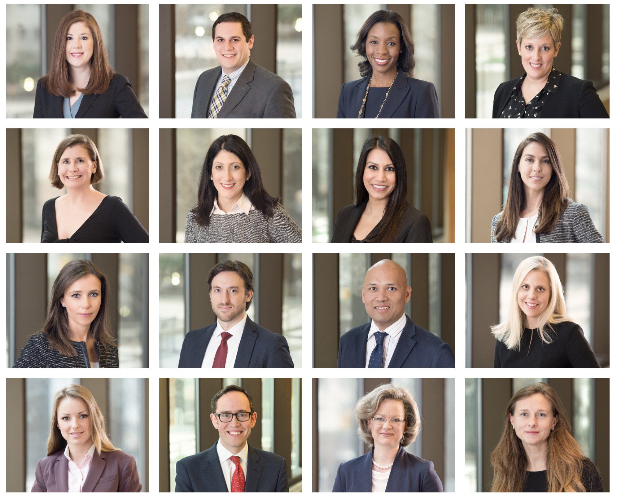 Best headshot photographer in Chicago uses blurred backdrop for team photos at a downtown management consulting firm with beautiful lighting
