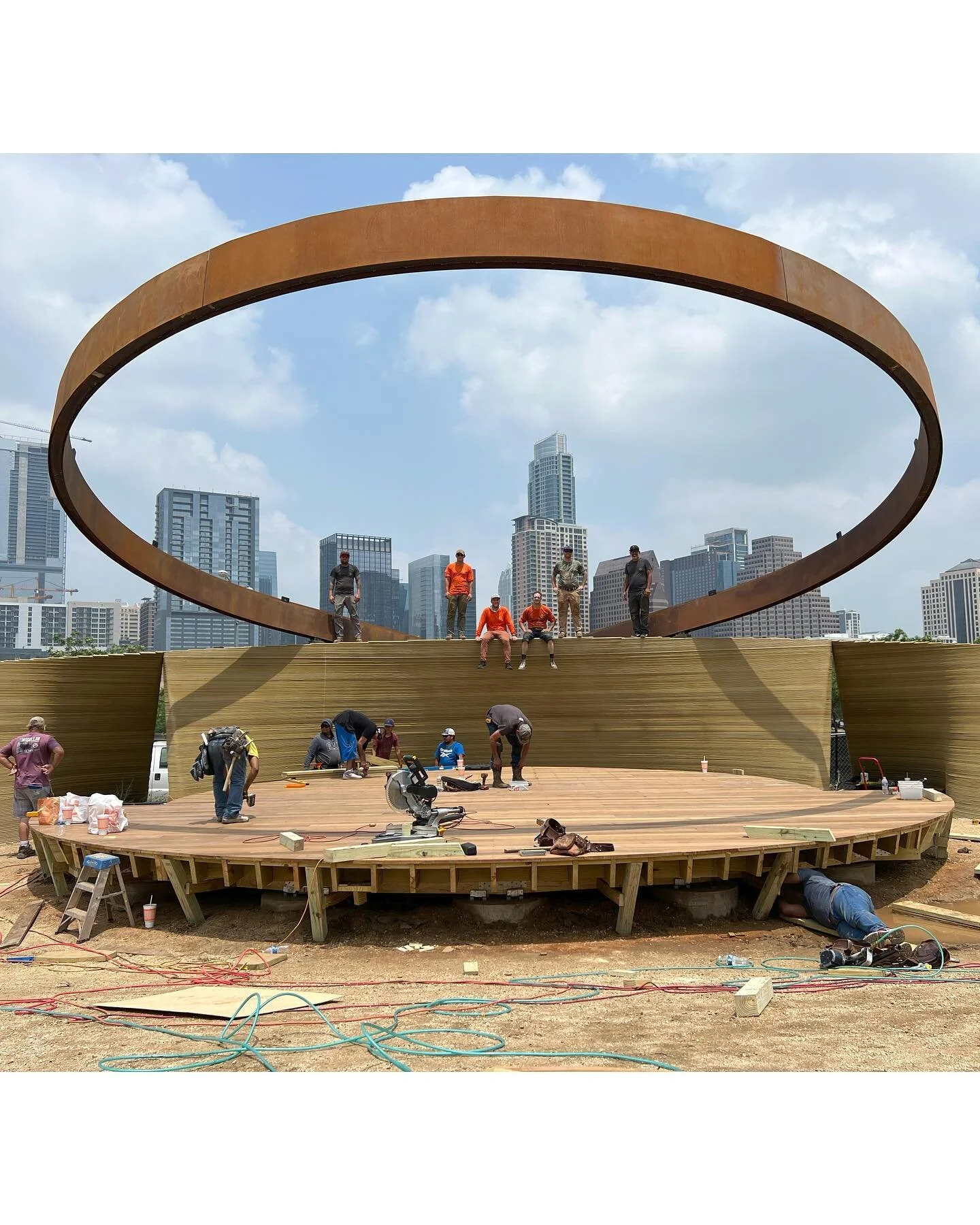 Fun day floating steel at the Long Center with the crew.  Landed the giant halo on top the 3D printed concrete wall by @icon3dtech .  Designed by @big_builds as a new permanent outdoor venue next to Town lake with a killer view of downtown.  Crew kno