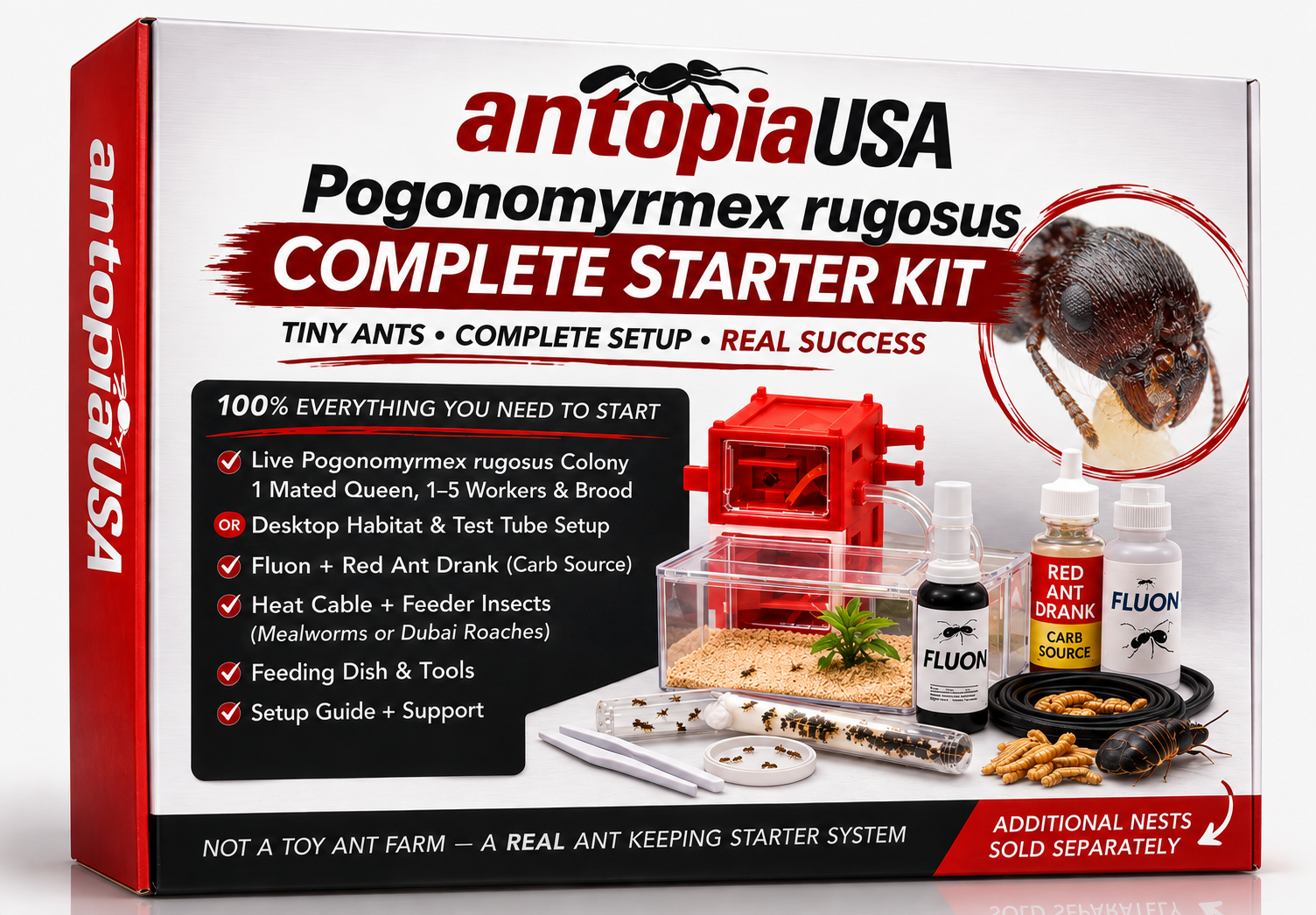 Red harvester ant colony kit box for Pogonomyrmex rugosus, showing the red desktop ant farm nest, outworld, test tubes with live ants, Fluon, Red Ant Drank, heat cable, mealworms and feeding tools.